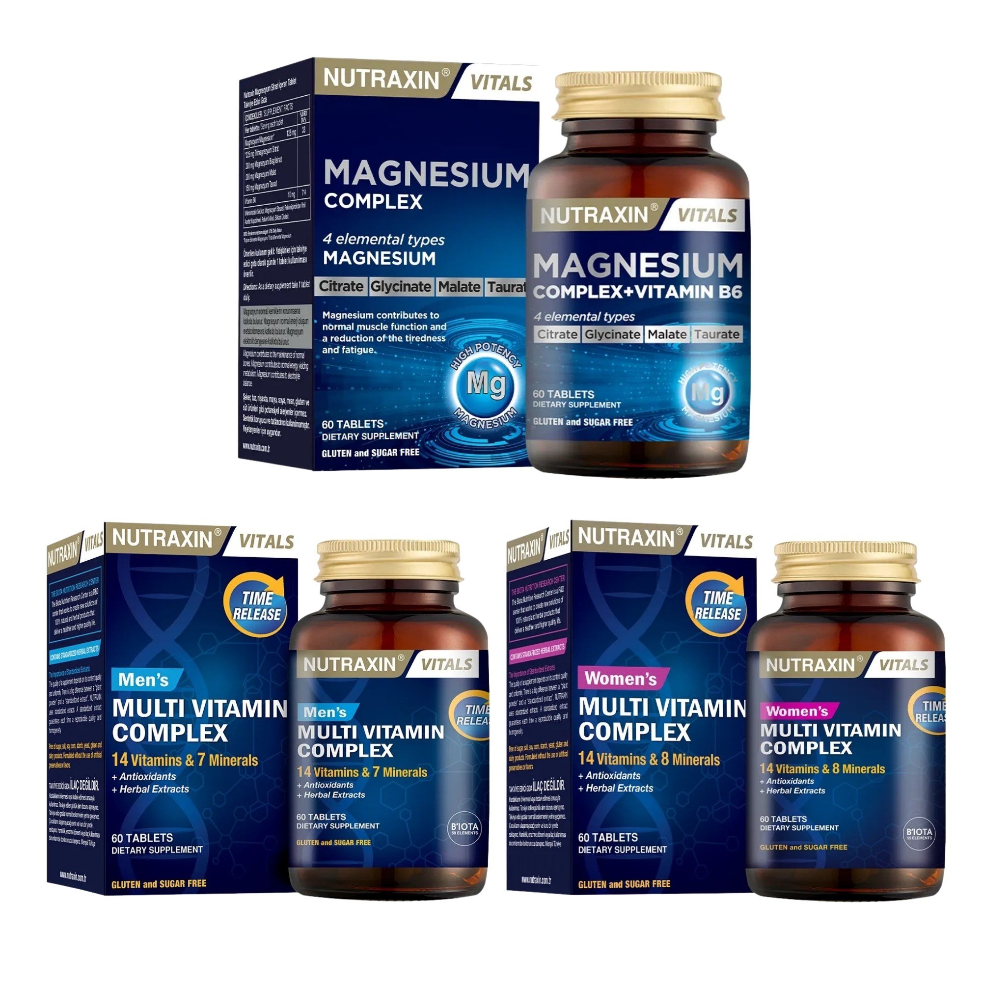 Nutraxin Magnesium Complex Vitamin B6 60 Tablet + Nutraxin Men's Multivitamin Complex 60 Tablet + Nutraxin Women's Multivitamin Complex 60 Tablet