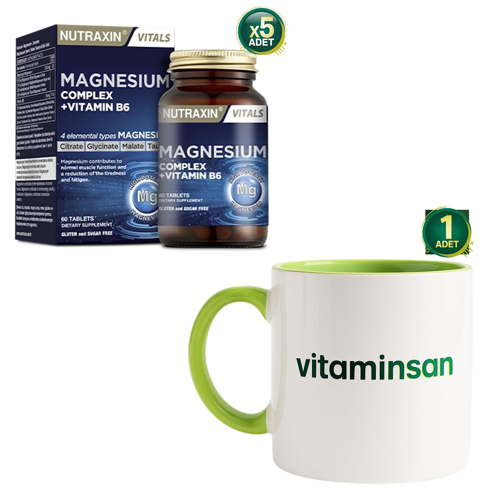 Nutraxin Magnesium Complex + Vitamin B6 60 Tablet 5 Adet Kupa Bardak Hediyeli
