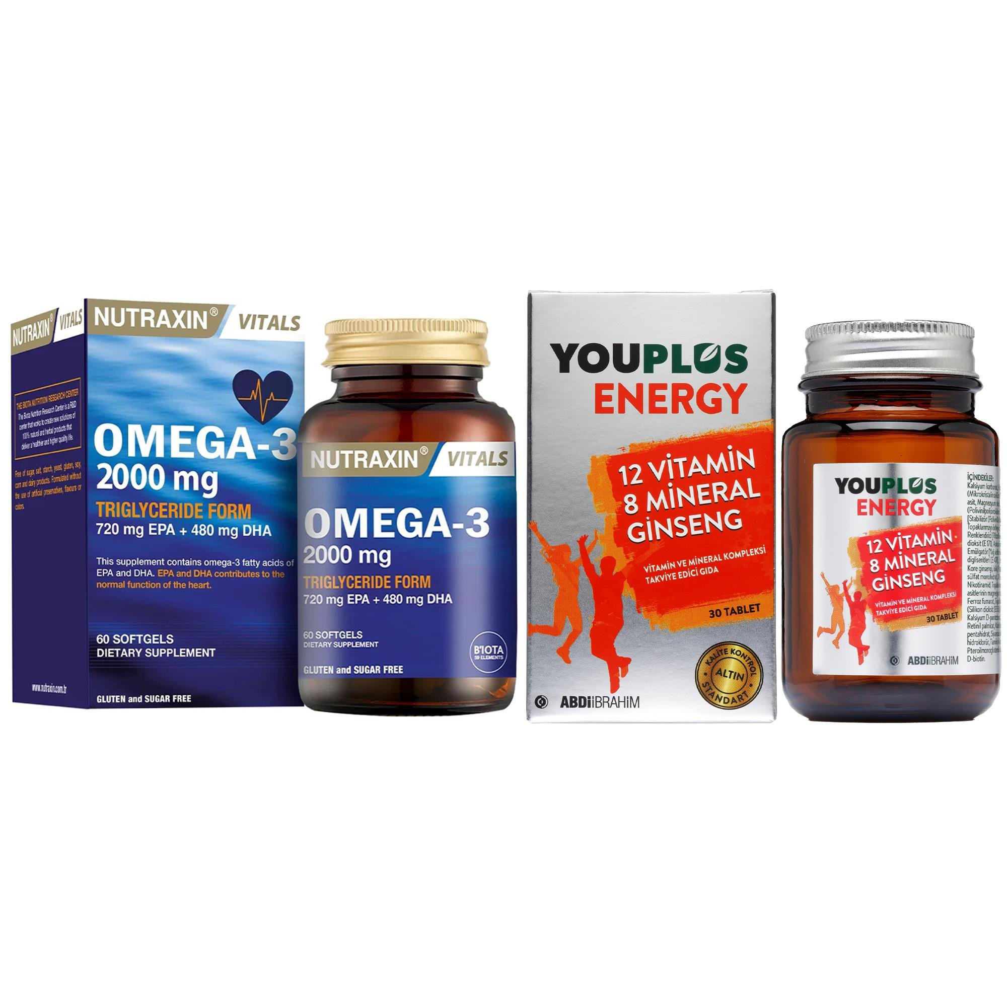 Nutraxin Omega 3 Balık Yağı 2000 Mg 60 Yumuşak Kapsül Youplus Energy Vitamin ve Mineral Kompleksi 30 Tablet