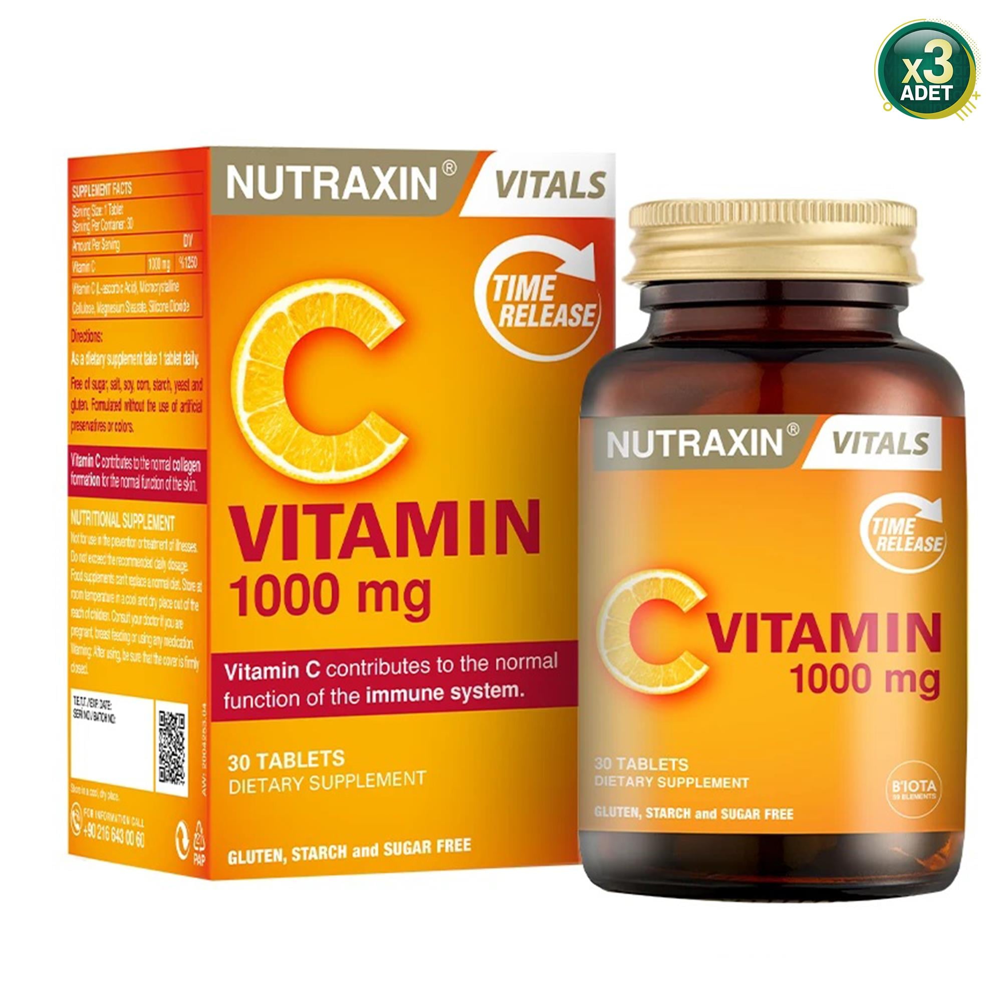 Nutraxin Vitamin C 1000 mg Takviye Edici Gıda 30 Tablet 3 Adet