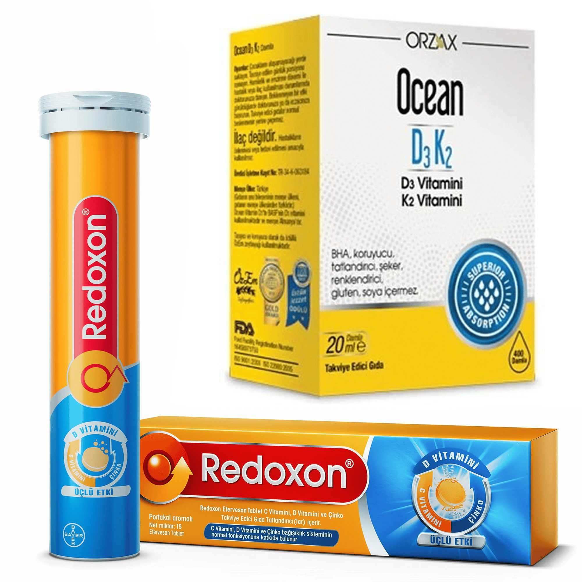 Ocean D3k2 Damla 20 ml + Redoxon Vitamin C 1000 mg Efervesan 15 Tablet