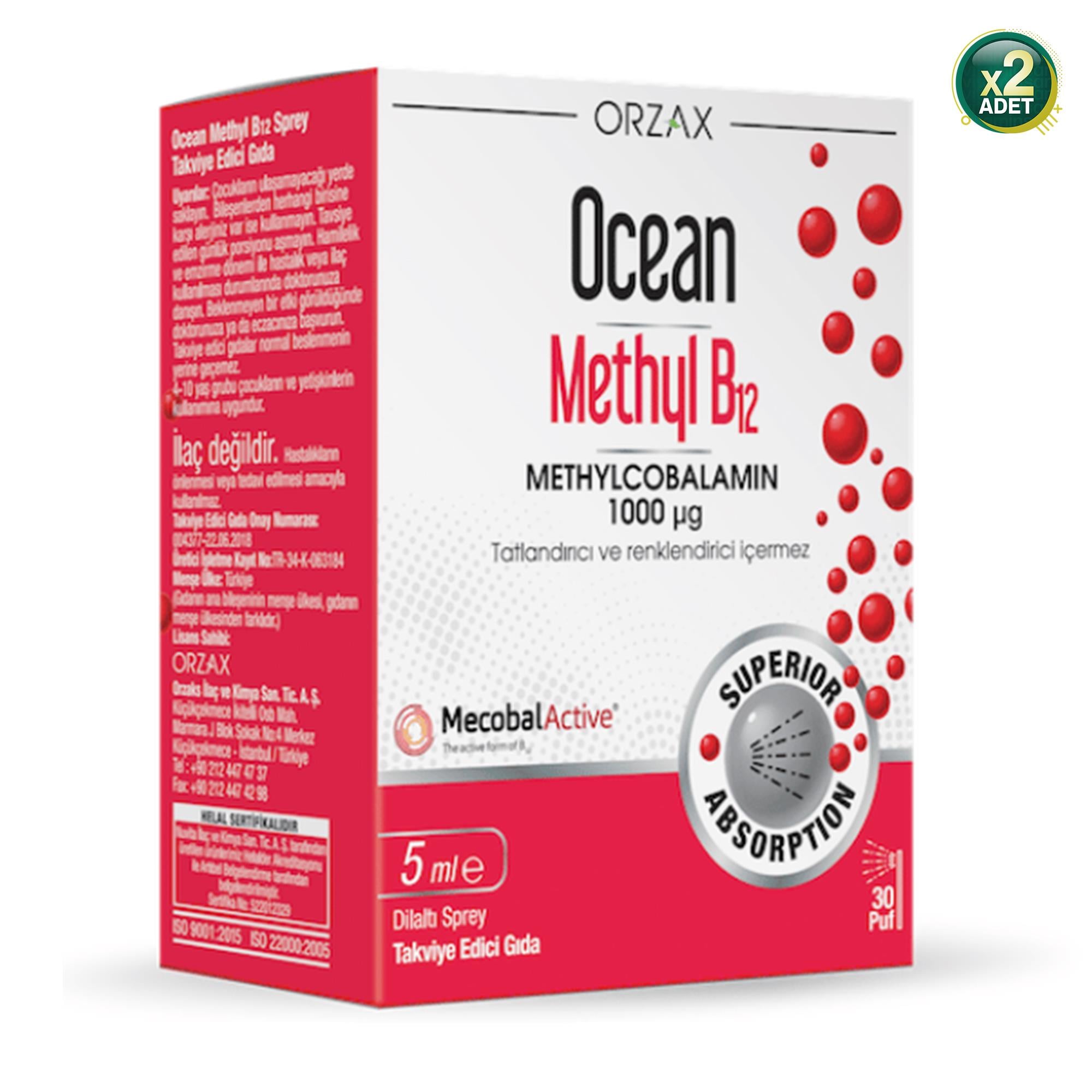 Ocean Methyl B12 1000 mcg Dilaltı Sprey 5 ml 2'li