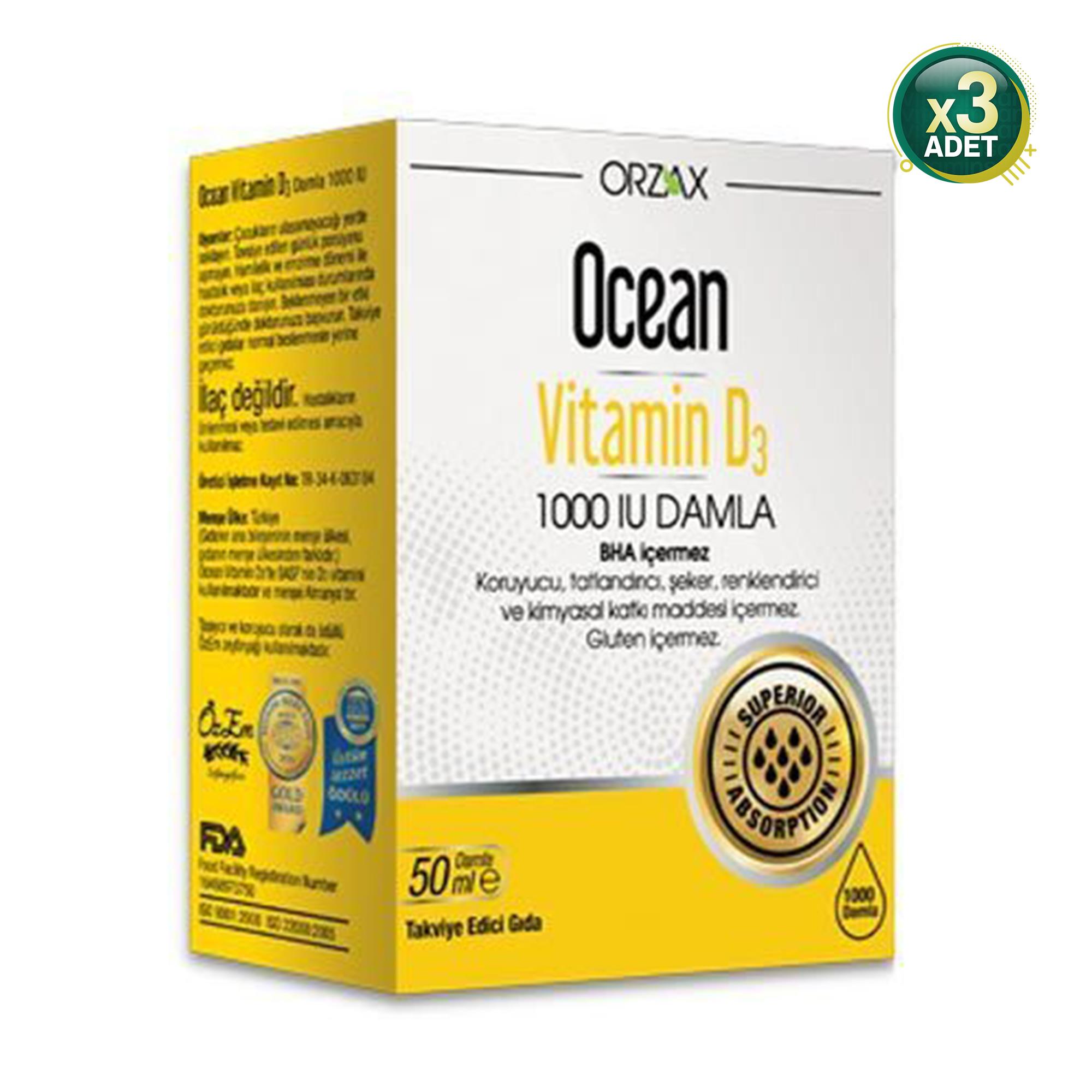 Ocean Vitamin D3 1000 IU Damla 50 ml 3 Adet