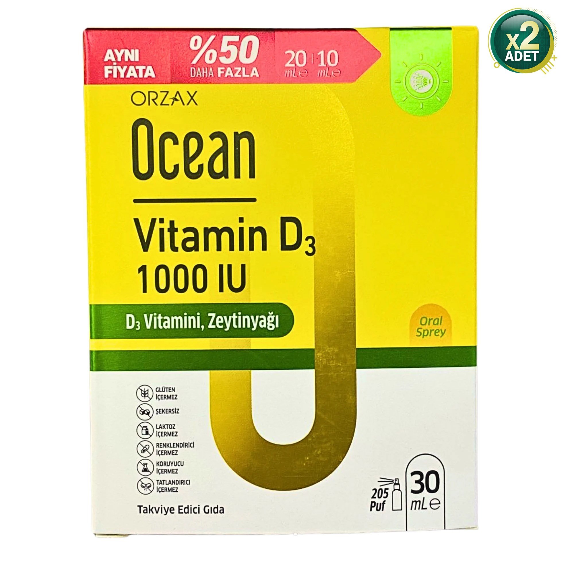 Ocean Vitamin D3 1000 IU Sprey 30 ml 2 'li Paket