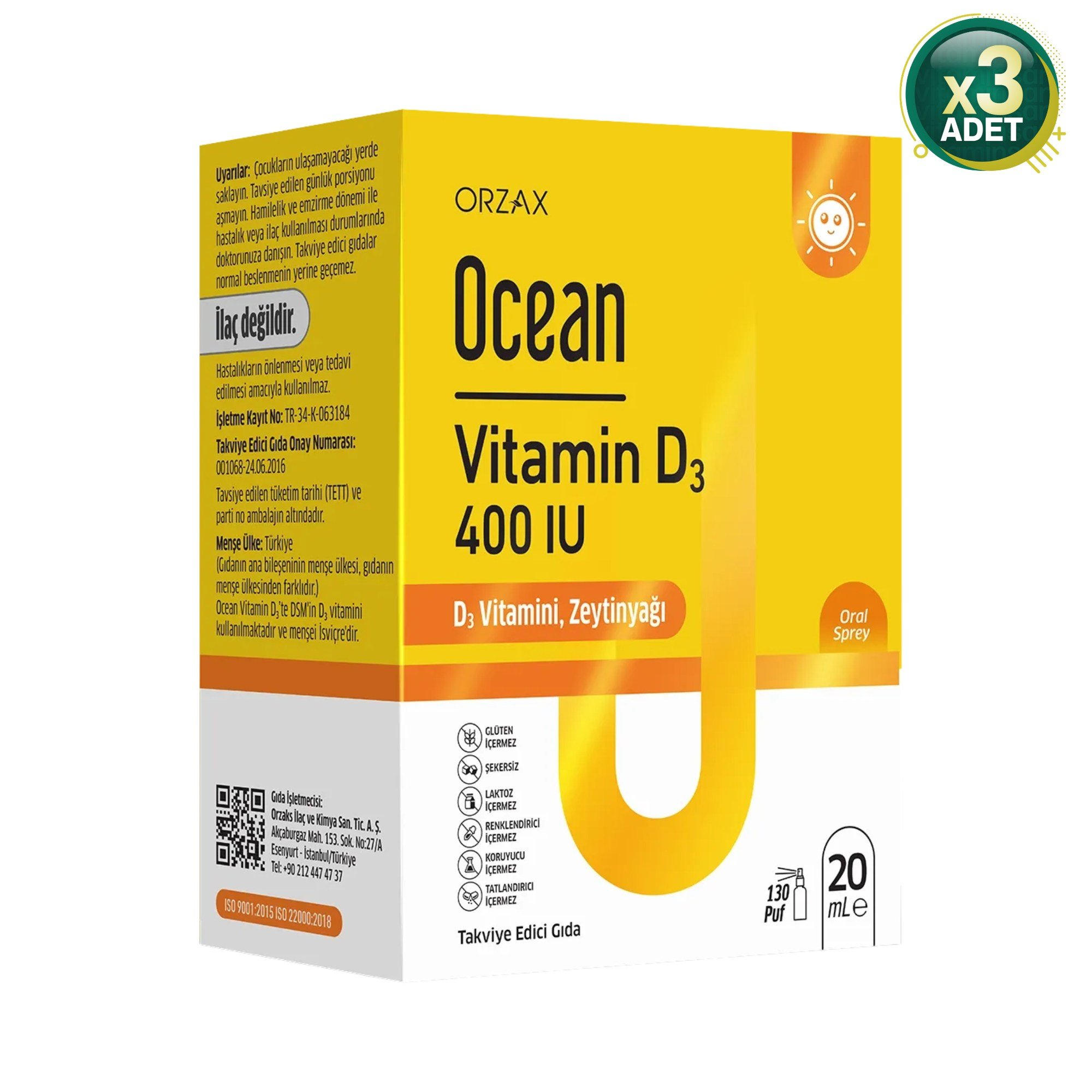 Ocean Vitamin D3 400 IU 20 ml Sprey 3'lü