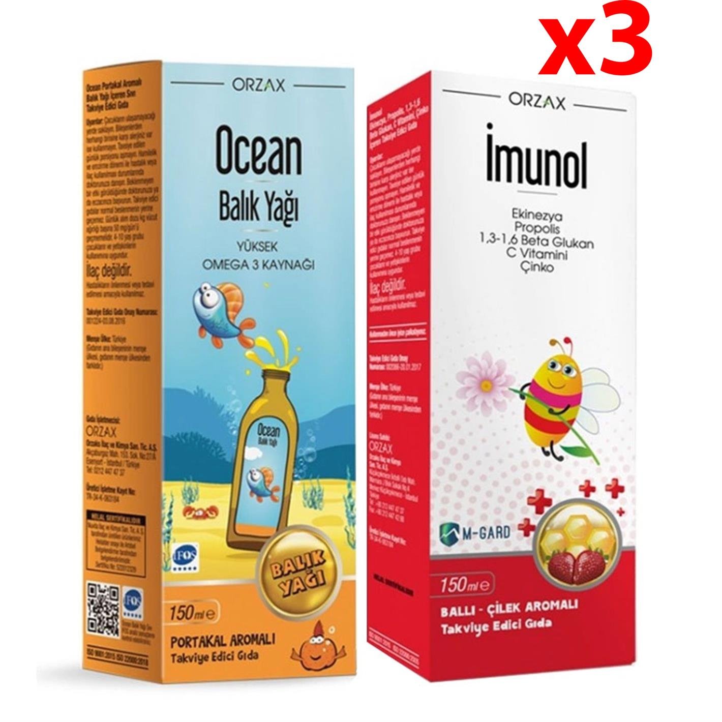 Orzax Ocean Balık Yağı+ Orzax Ocean Imunol Takviye Edici Gıda 150 ml İndirimli 3 Adet