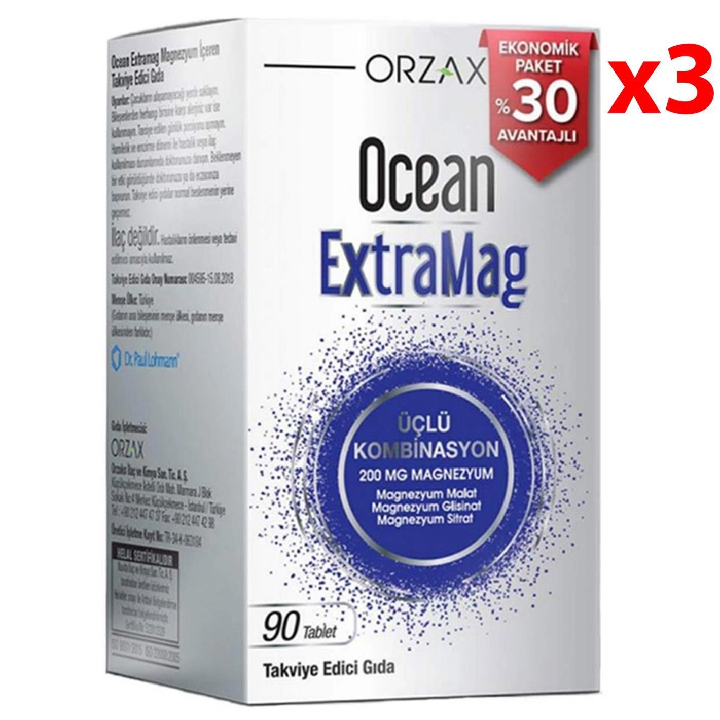 Orzax Ocean ExtraMag Üçlü Magnezyum Kombinasyonu 90 Tablet 3 Adet