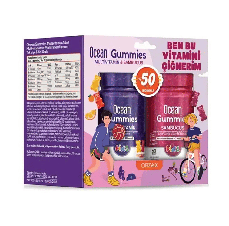 Orzax Ocean Gummies Multivitamin Kids 60 Adet Çiğnenebilir + Sambucus Kıds 60 Adet Jel Form