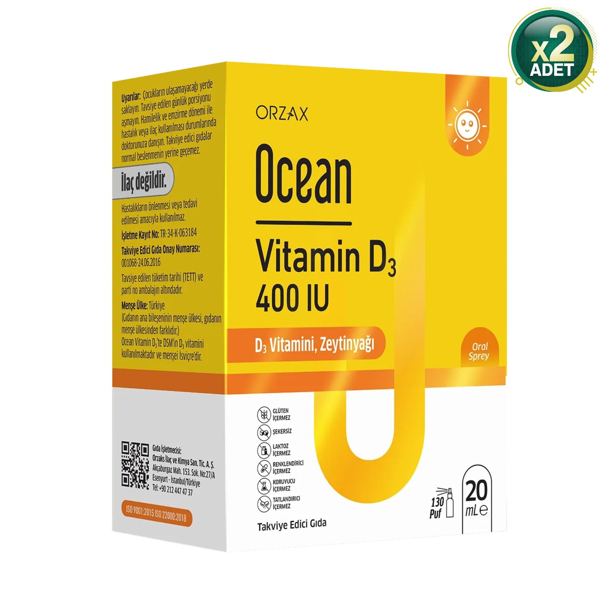 Orzax Ocean Vitamin D3 400 IU Sprey 20 ml 2 Adet