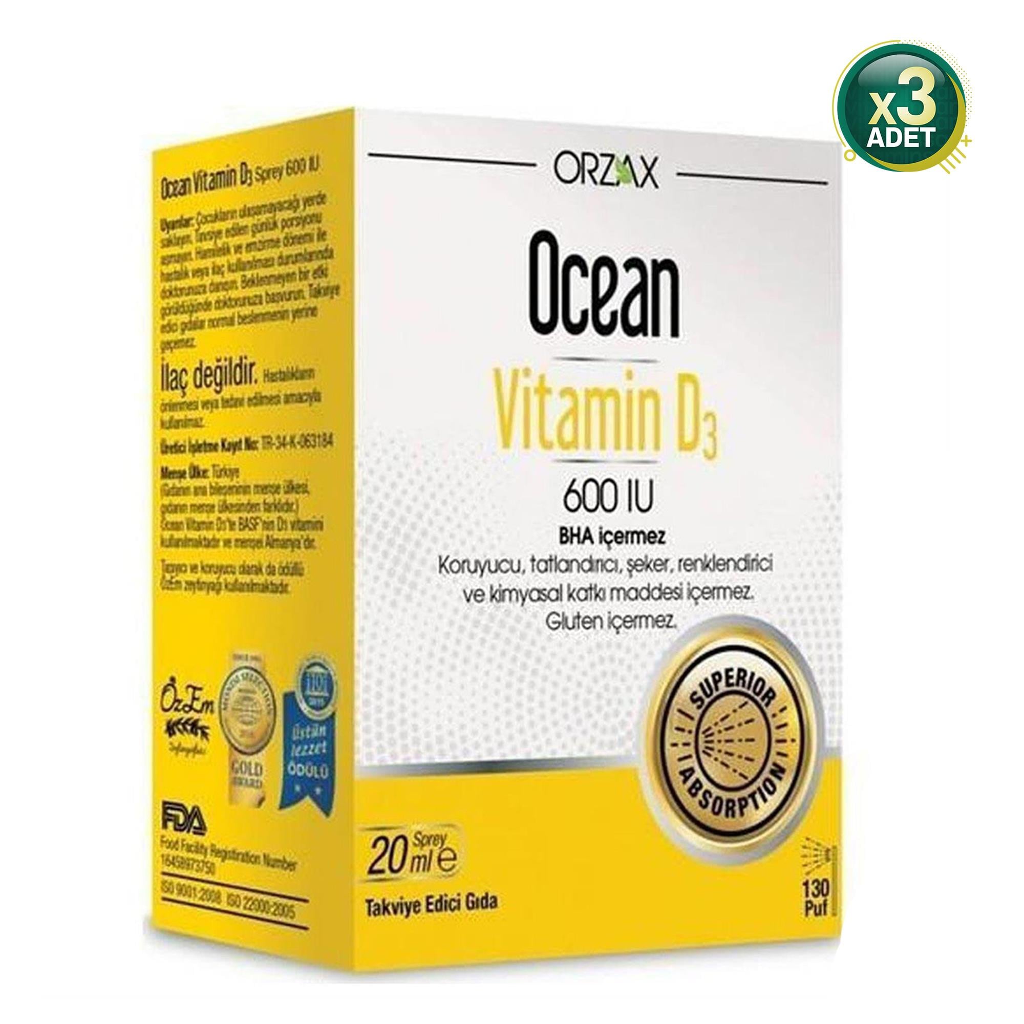 Orzax Ocean Vitamin D3 600 IU Sprey 20 ml 3 Adet