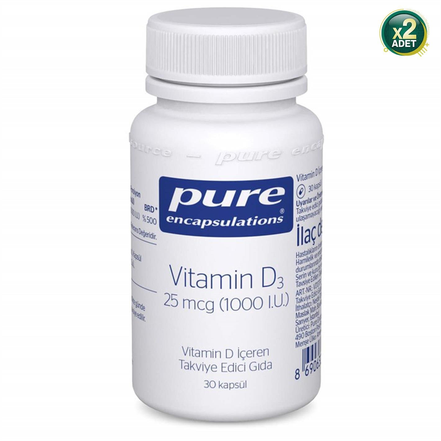 Pure Vitamin D3 1000 IU 30 Kapsül 2 Adet
