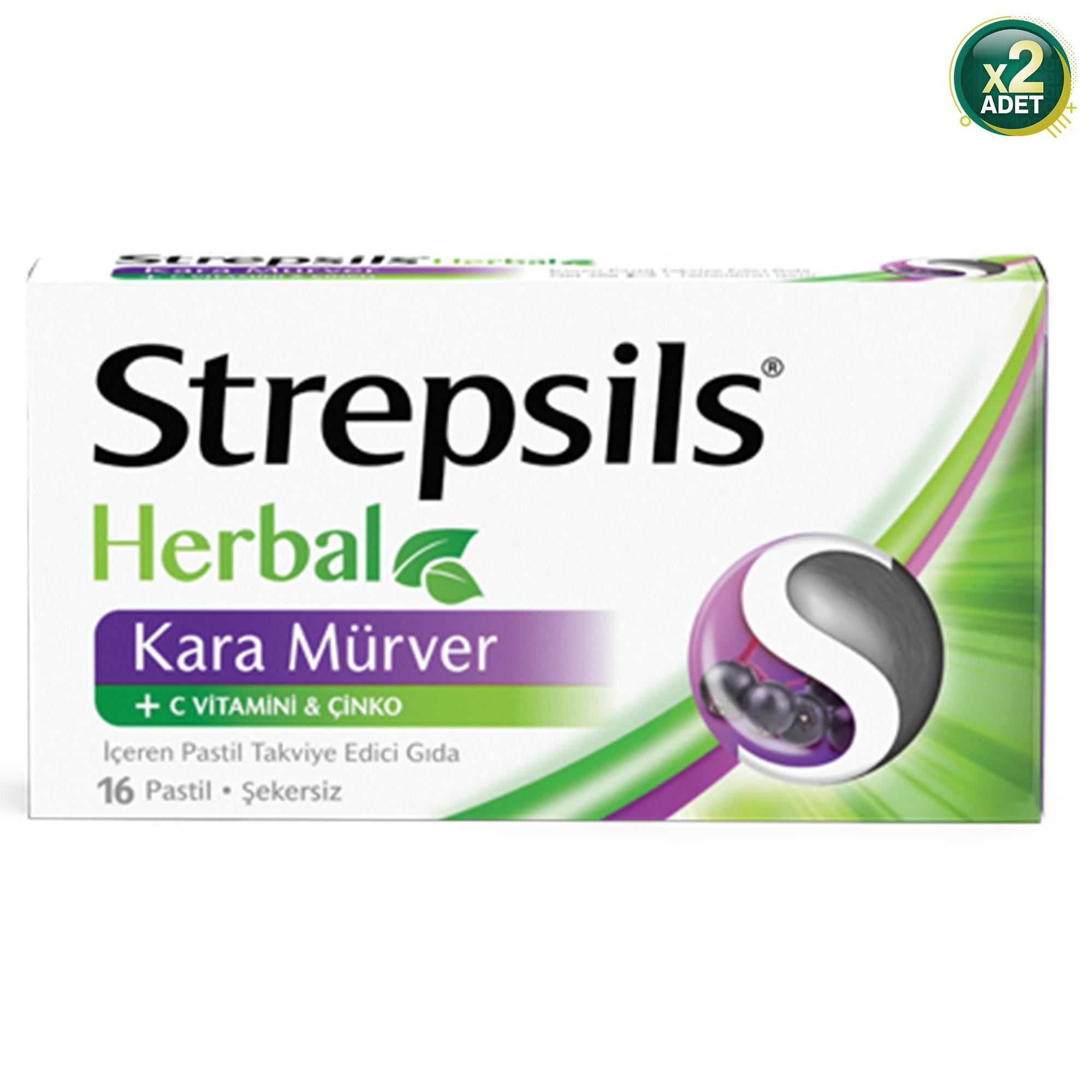 Strepsils Herbal Kara Mürver, C Vitamini Ve Çinko Içeren Şerkersiz Takviye Edici Gıda 16 Pastil 2 Adet