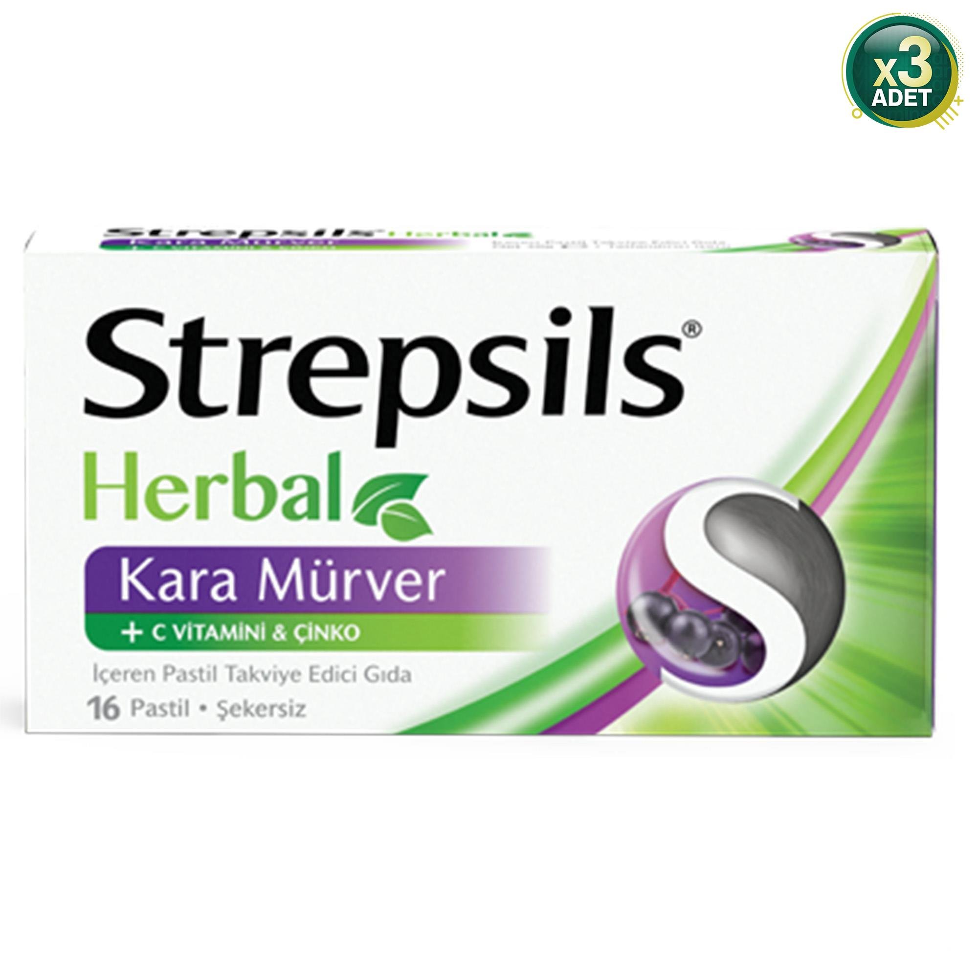 Strepsils Herbal Kara Mürver ve C Vitaminli 16'lı Pastil 3 Adet