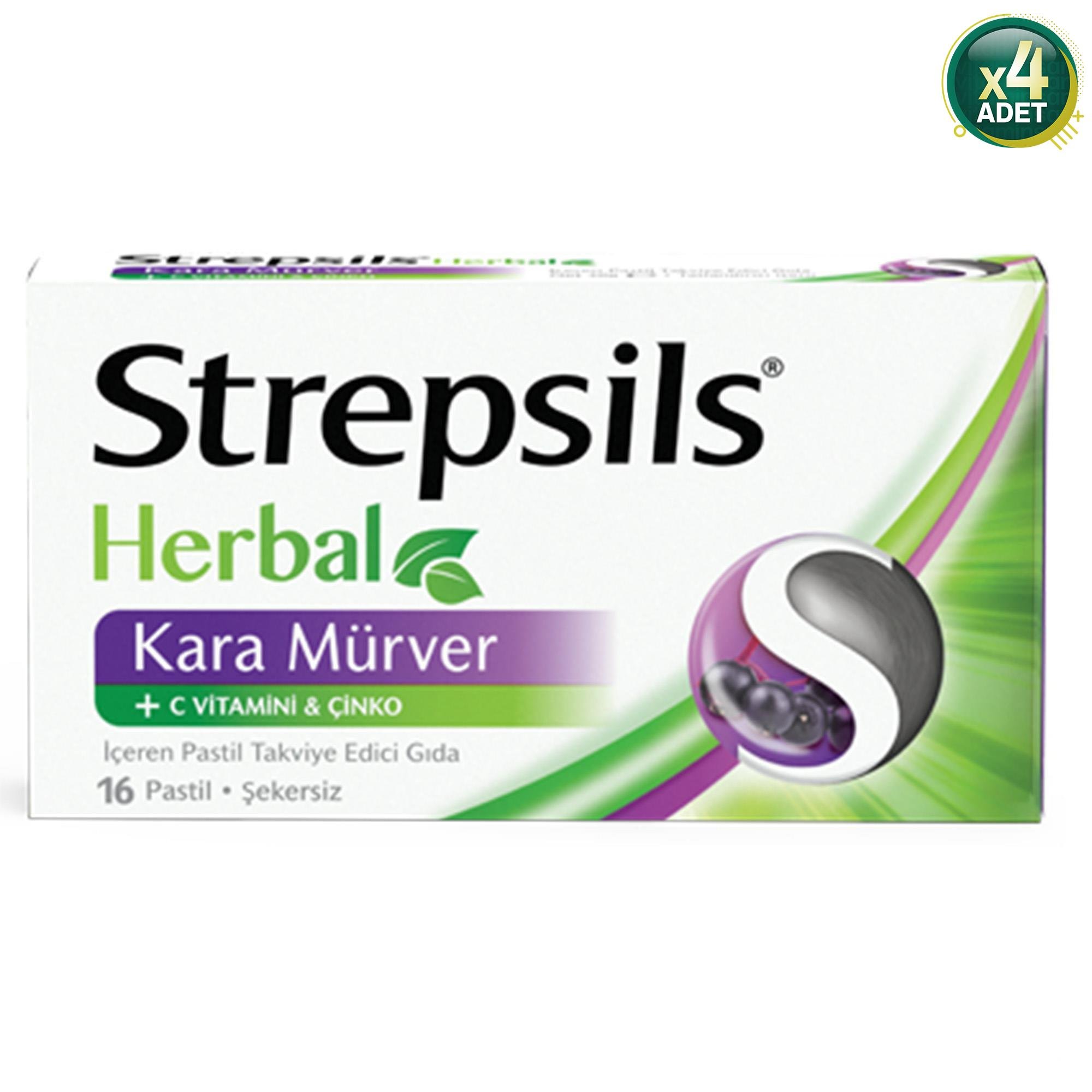 Strepsils Herbal Kara Mürver ve C Vitaminli 16'lı Pastil 4 Adet