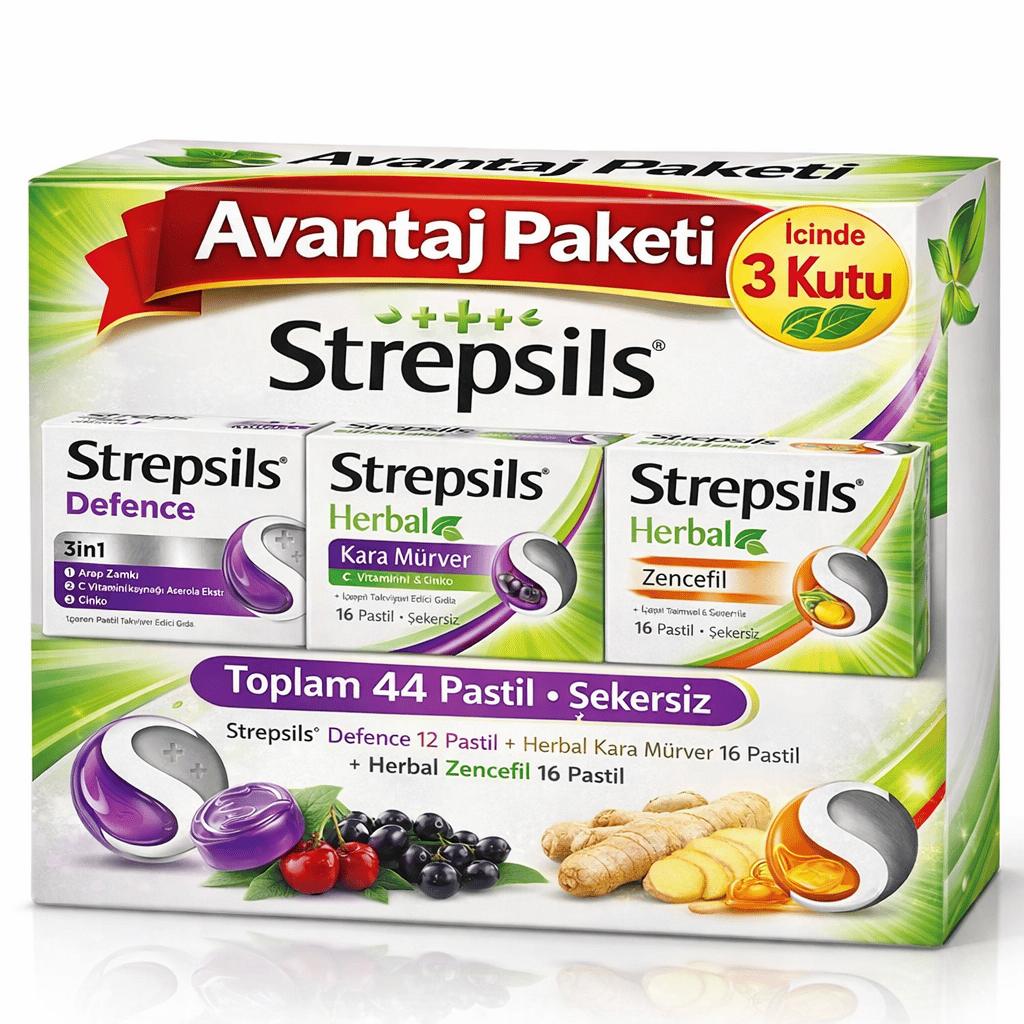 Strepsils Herbal Zencefil Aromalı 16'lı Pastil + Strepsils Herbal Kara Mürver 16 Pastil + Strepsils Defence 12 Pastil 