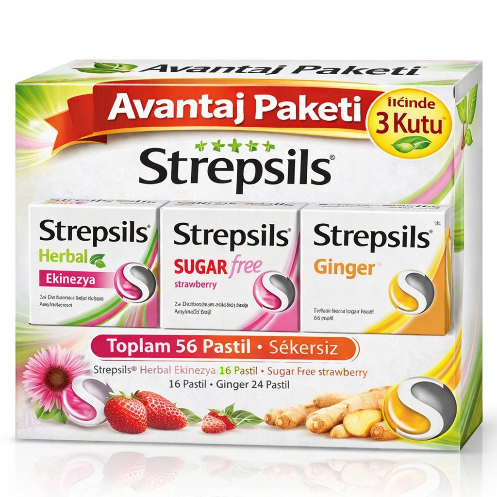 Strepsils Şekersiz Çilek Aromalı 24'lü Pastil + Strepsils Ginger Zencefil 24 Pastil + Strepsils Herbal Ekinezya 16 Pastil 