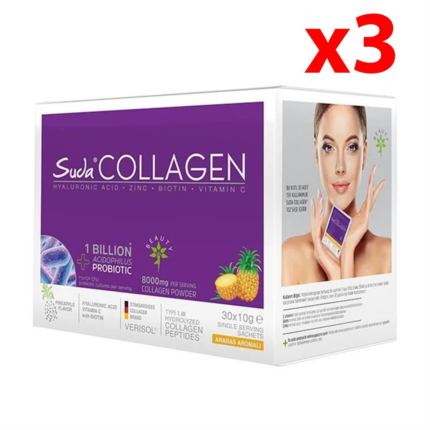 Suda Collagen Takviye Edici Gıda Ananas Aromalı 30 x 10 gr - Toz Saşe 3 Adet