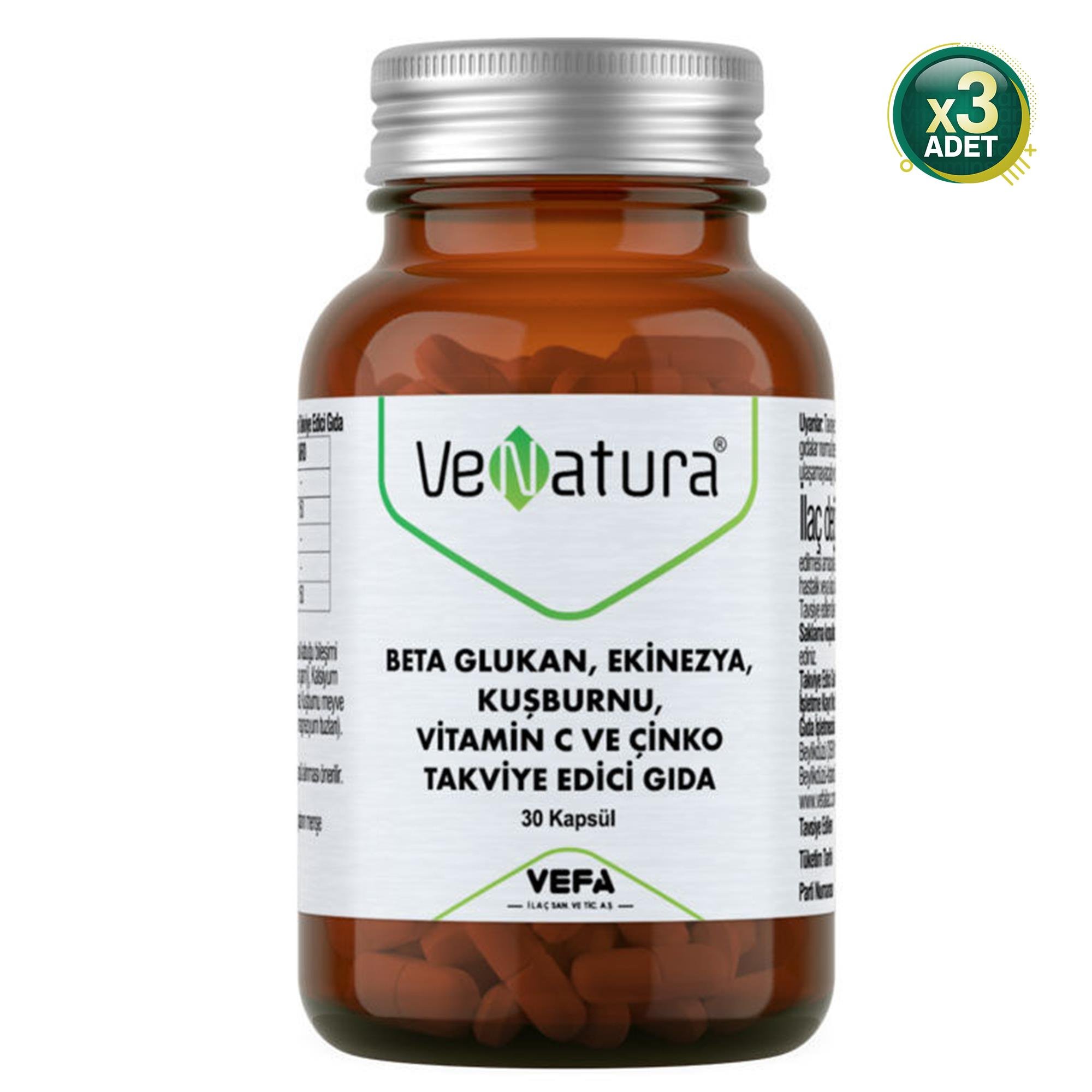 VeNatura Beta Glukan, Ekinezya, Kuşburnu, Vitamin C Ve Çinko Takviye Edici Gıda 30 Kapsül X3 Adet