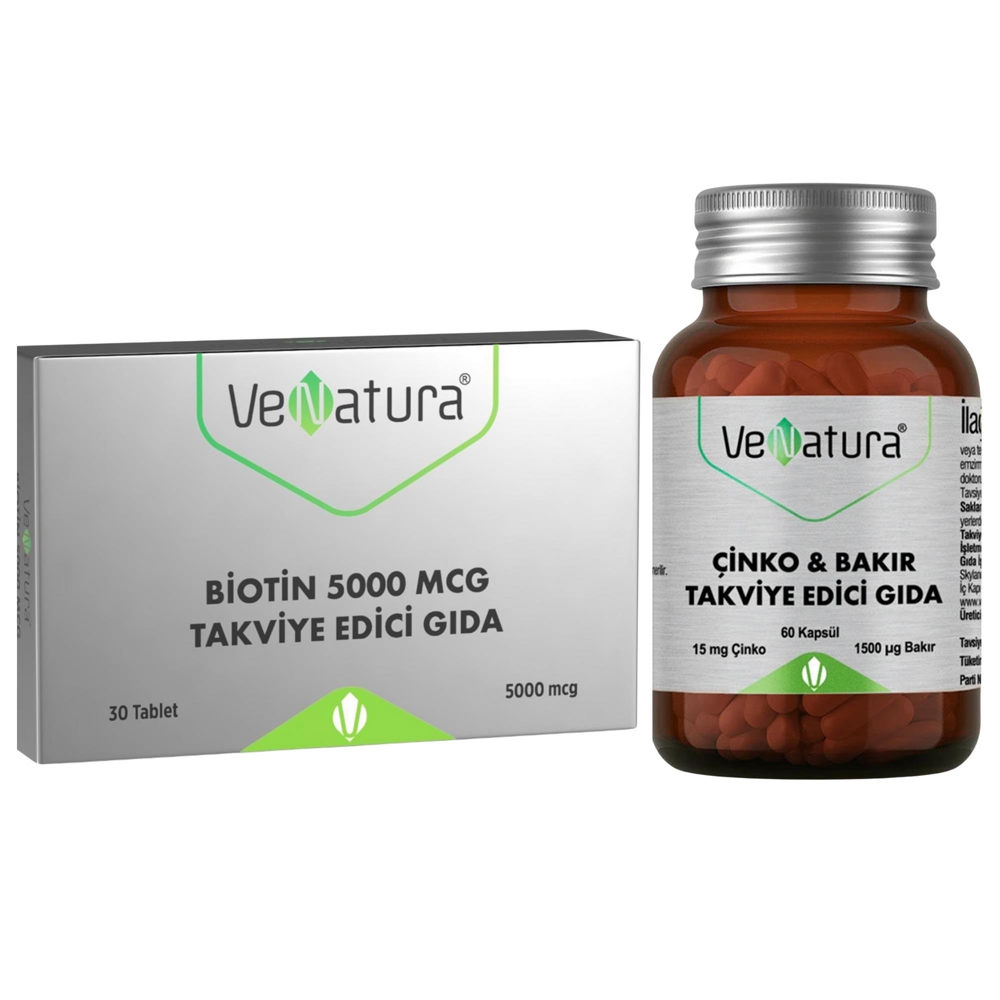 Venatura Biotin 5000 Mcg 30 Tablet + Çinko & Bakır 60 Kapsül Takviye Edici Gıda 