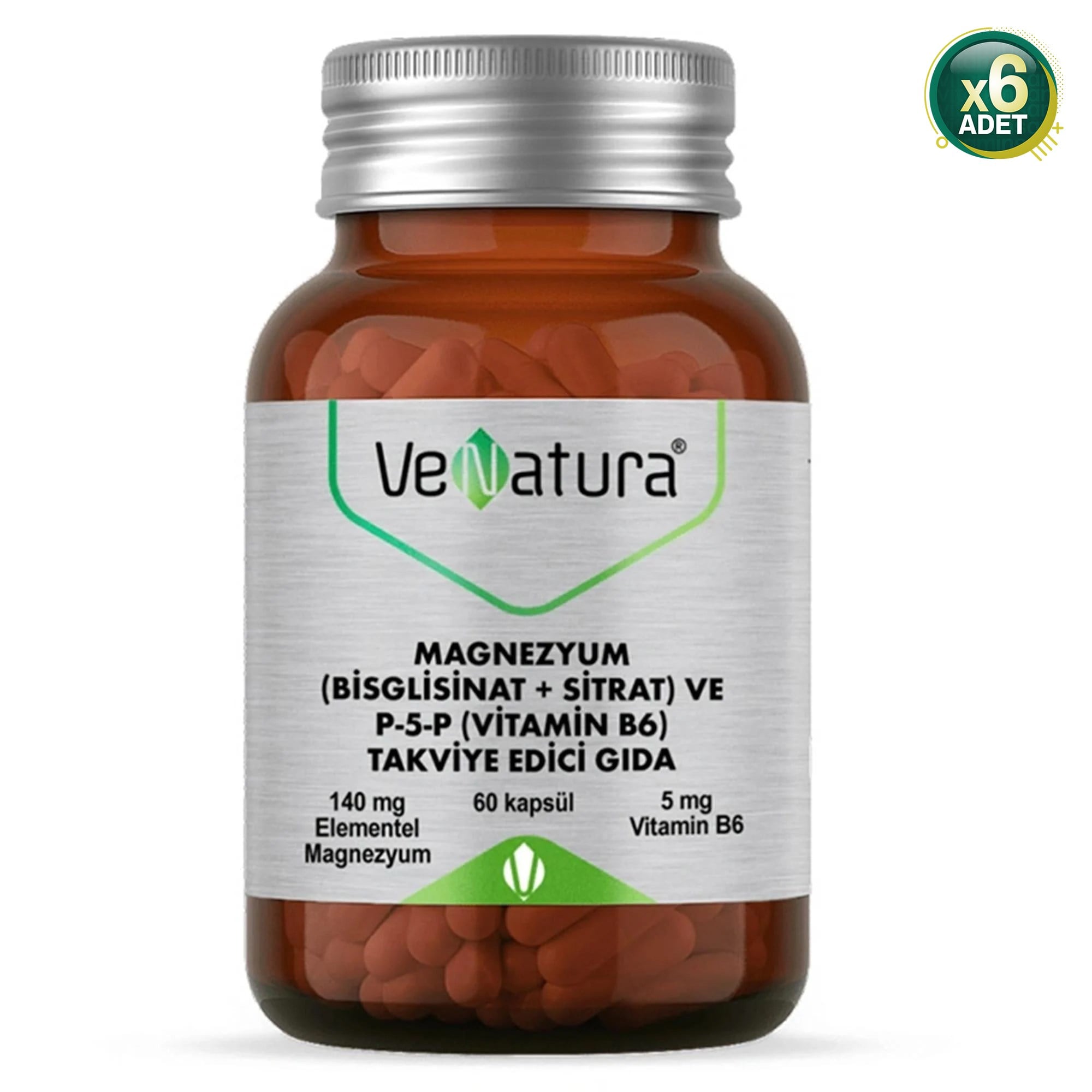 Venatura Magnezyum Bisglisinat Sitrat ve P-5-P Vitamin B6 60 Kapsül 6'lı