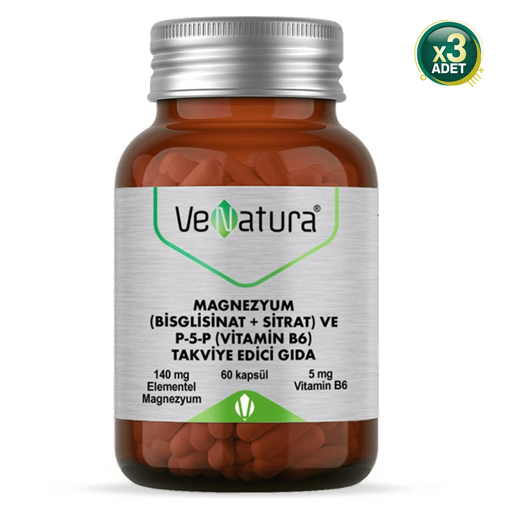VeNatura Magnezyum (Bisglisinat+Sitrat) ve P5P (Vitamin B6) 60 Kapsül 3 Adet