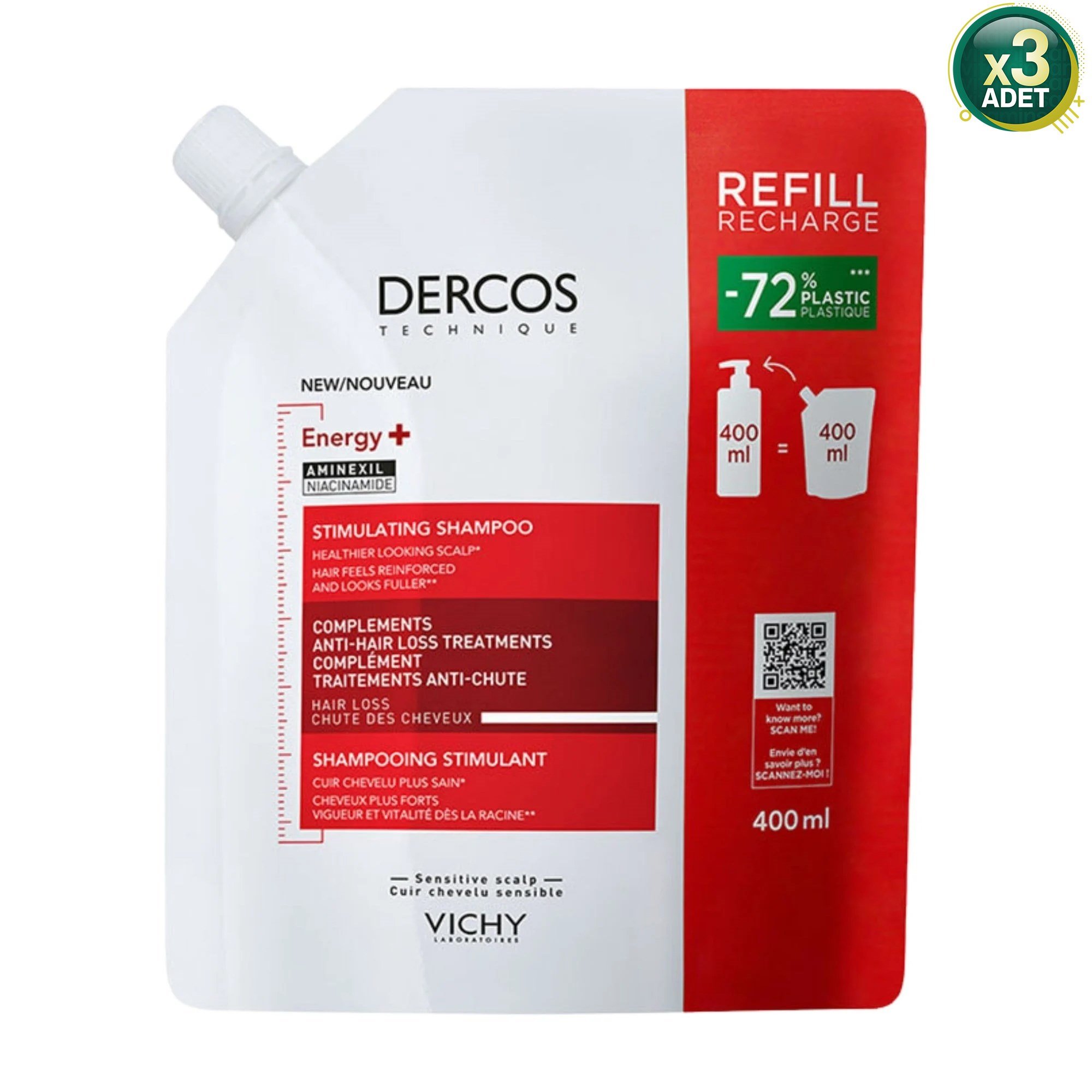 Vichy Dercos Energy+ Refill 400 ml Saç Dökülmesine Karşı Şampuan 3 Adet