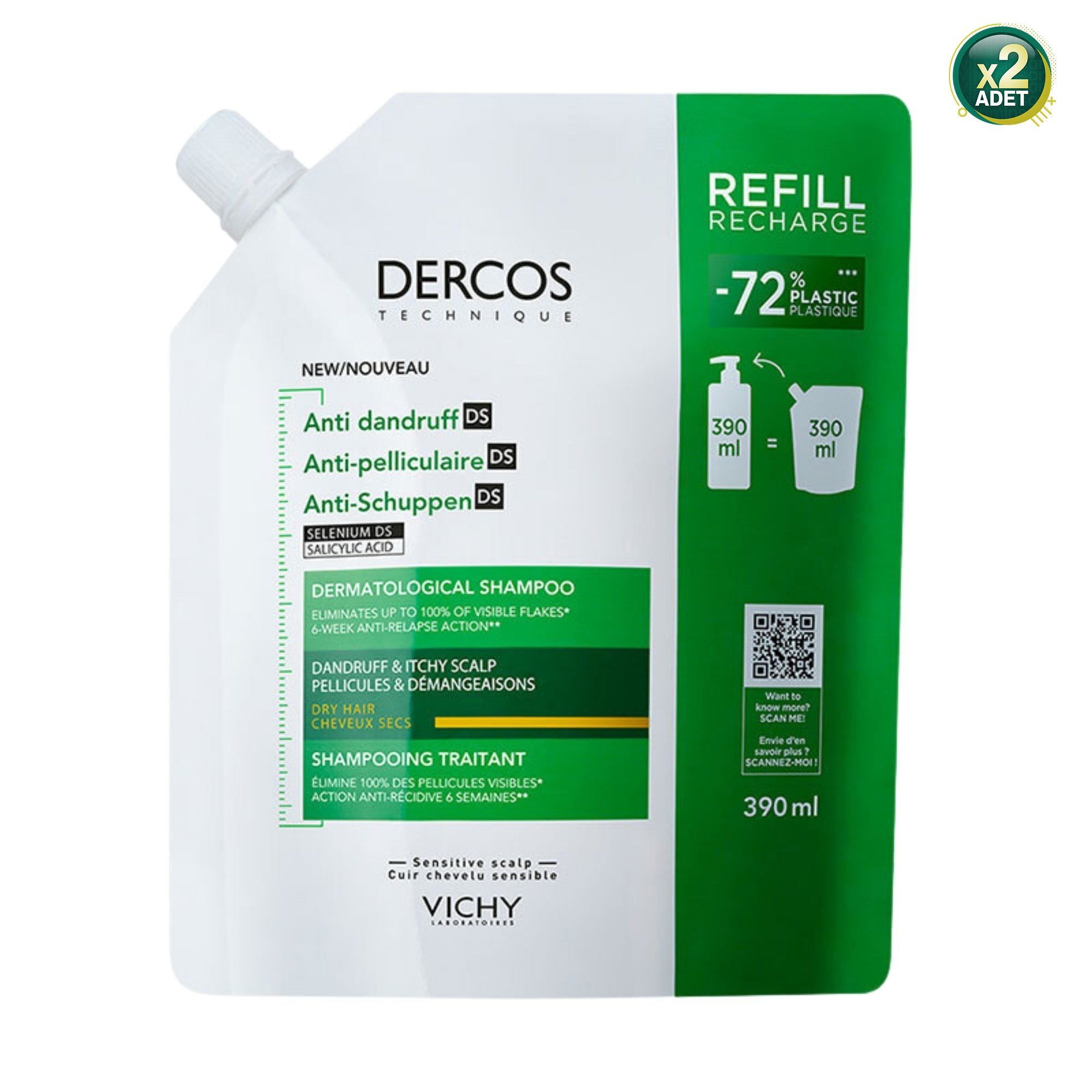Vichy Dercos Kuru Saçlar için Refill 390 ml Kepek Şampuanı 2 Adet