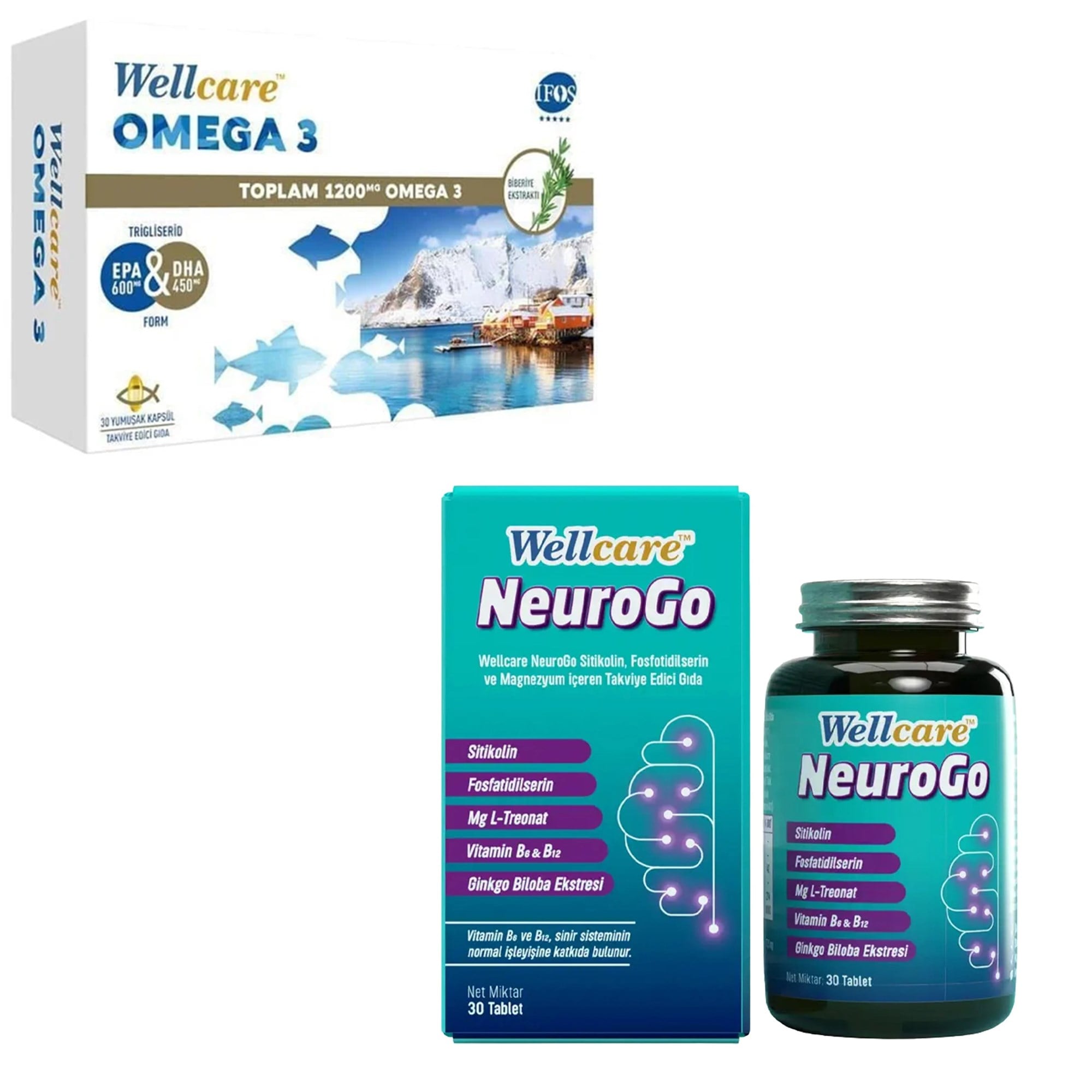 Wellcare NeuroGo 30 Tablet + Wellcare Omega 3 Balık Yağı 1200 mg 30 Kapsül
