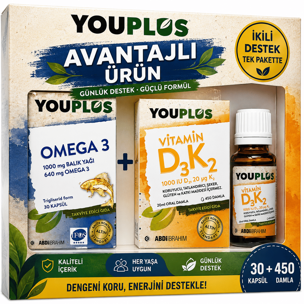 Youplus Omega 3 30 Kapsül ve Youplus Vitamin D3 K2 Damla 20 ml