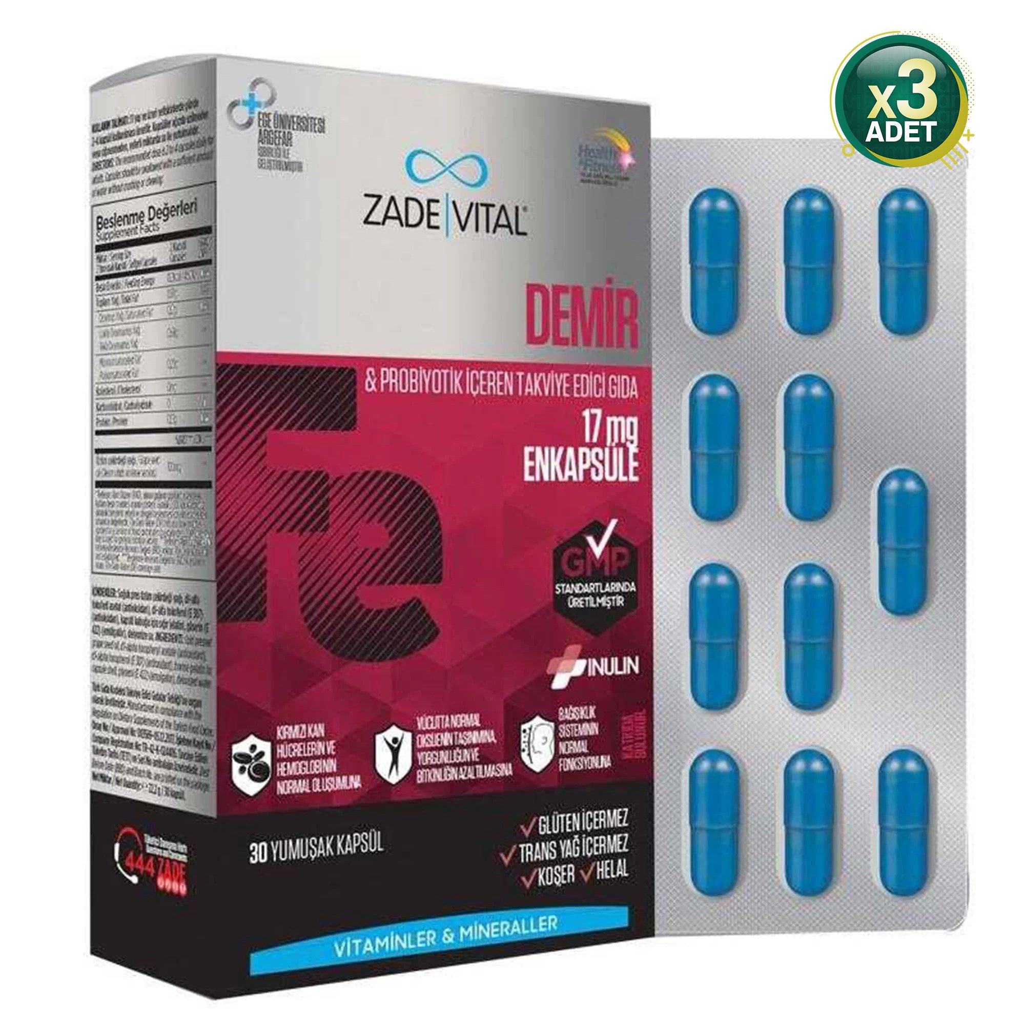 Zade Vital Demir ve Prebiyotik 30 Kapsül 3 Adet