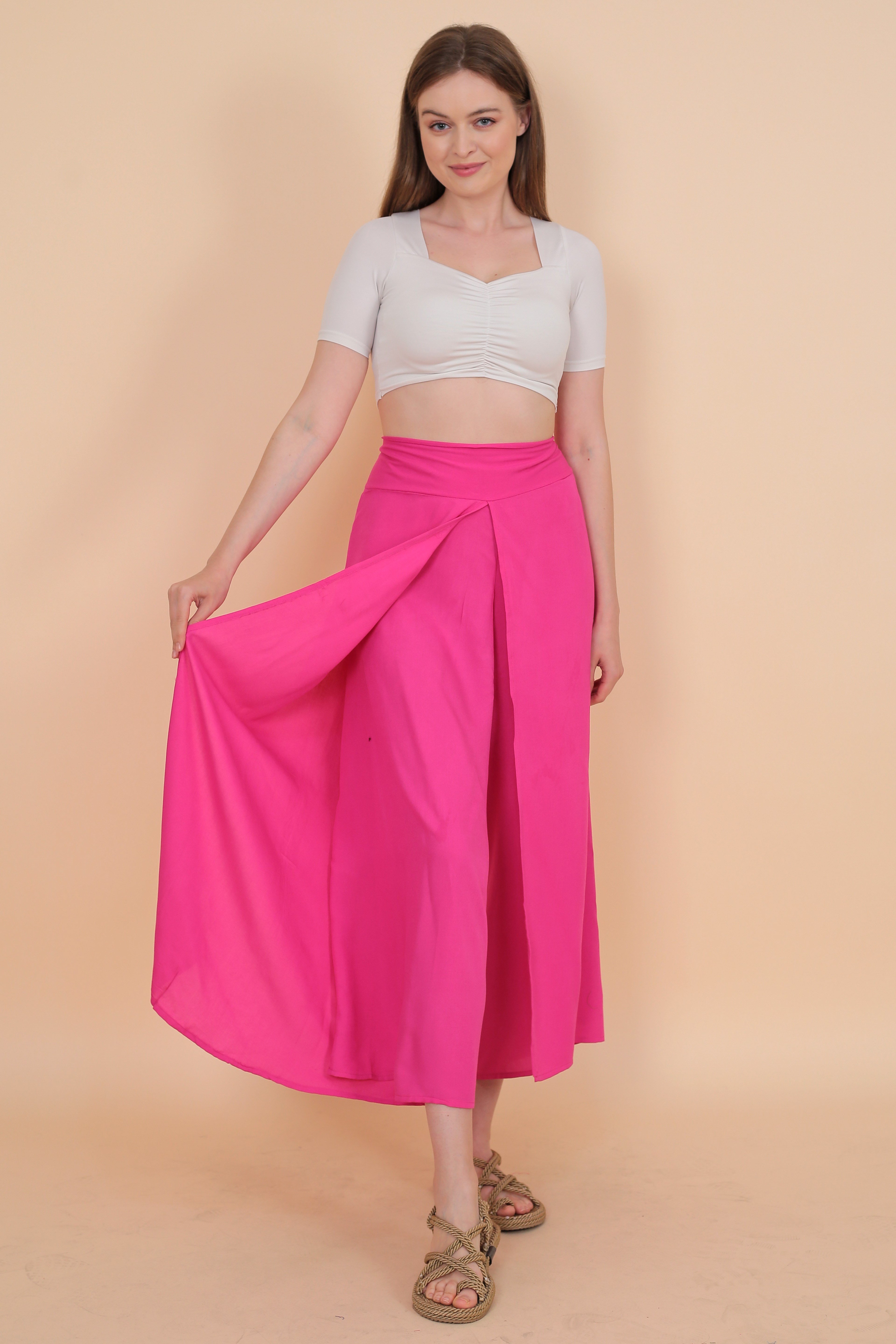 Bulmaca Etek Pantolon Otantik Düz Renk  Pembe BUL0301-1