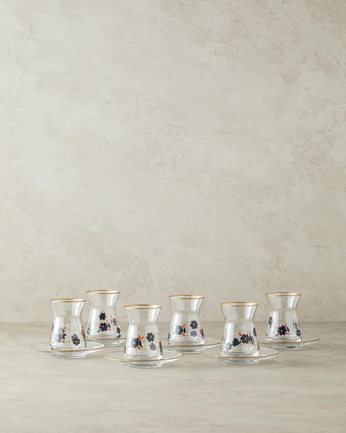 Boheme Glass 12 Pieces 6 Servings Tea Set 130 ml Black