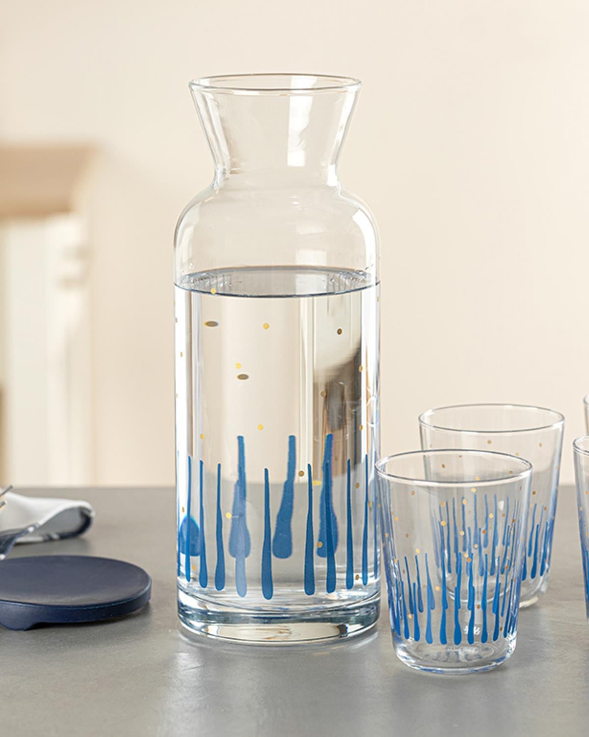 Coastal Stripe Glass 5 Pieces Jug And Glasses Set 1260 ml Dark Blue
