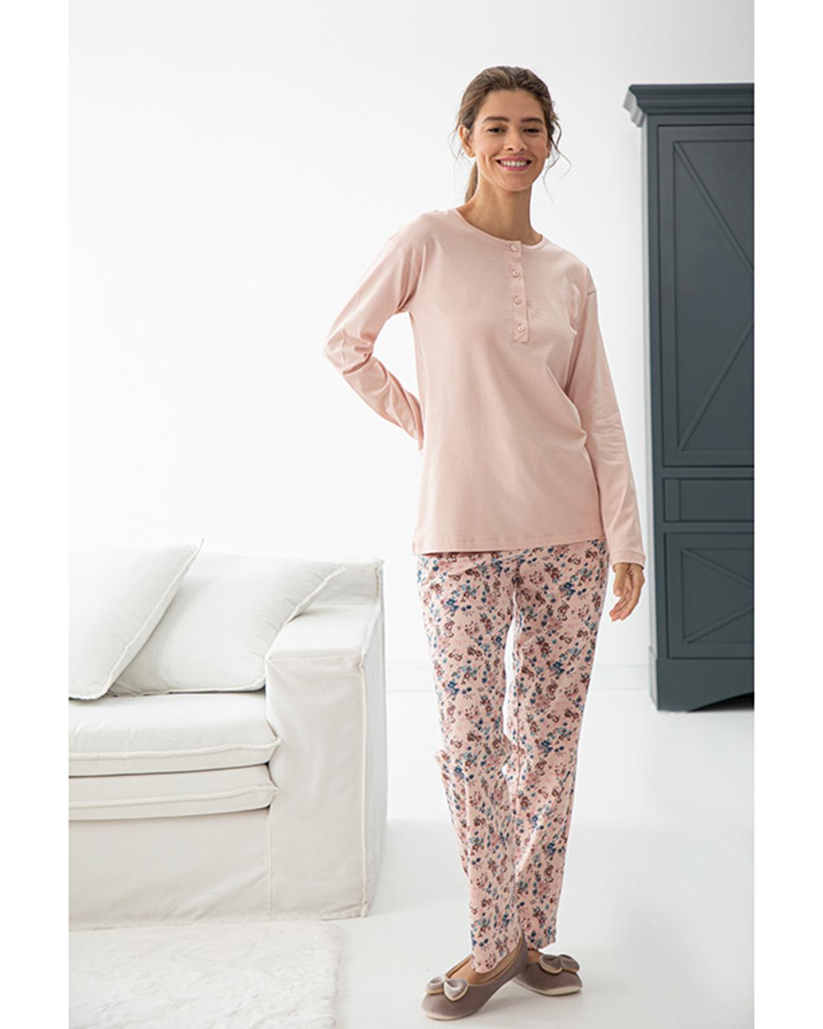 Fancy Cotton Women Pajama Set L Powder