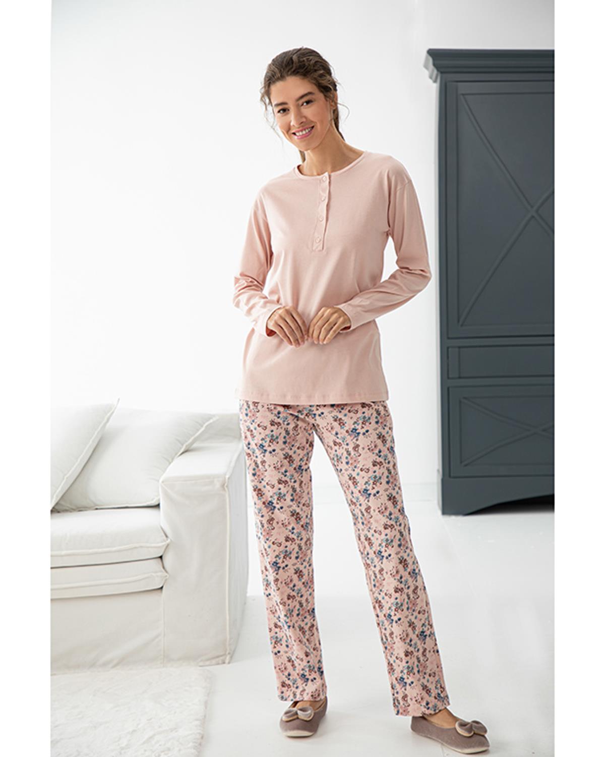 Fancy Cotton Women Pajama Set L Powder