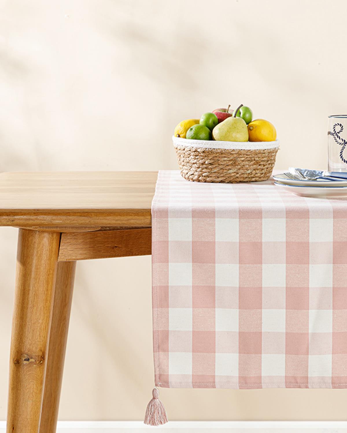 Gingham Рънър С пискюли Памучен полиестер 40x140 см Розов