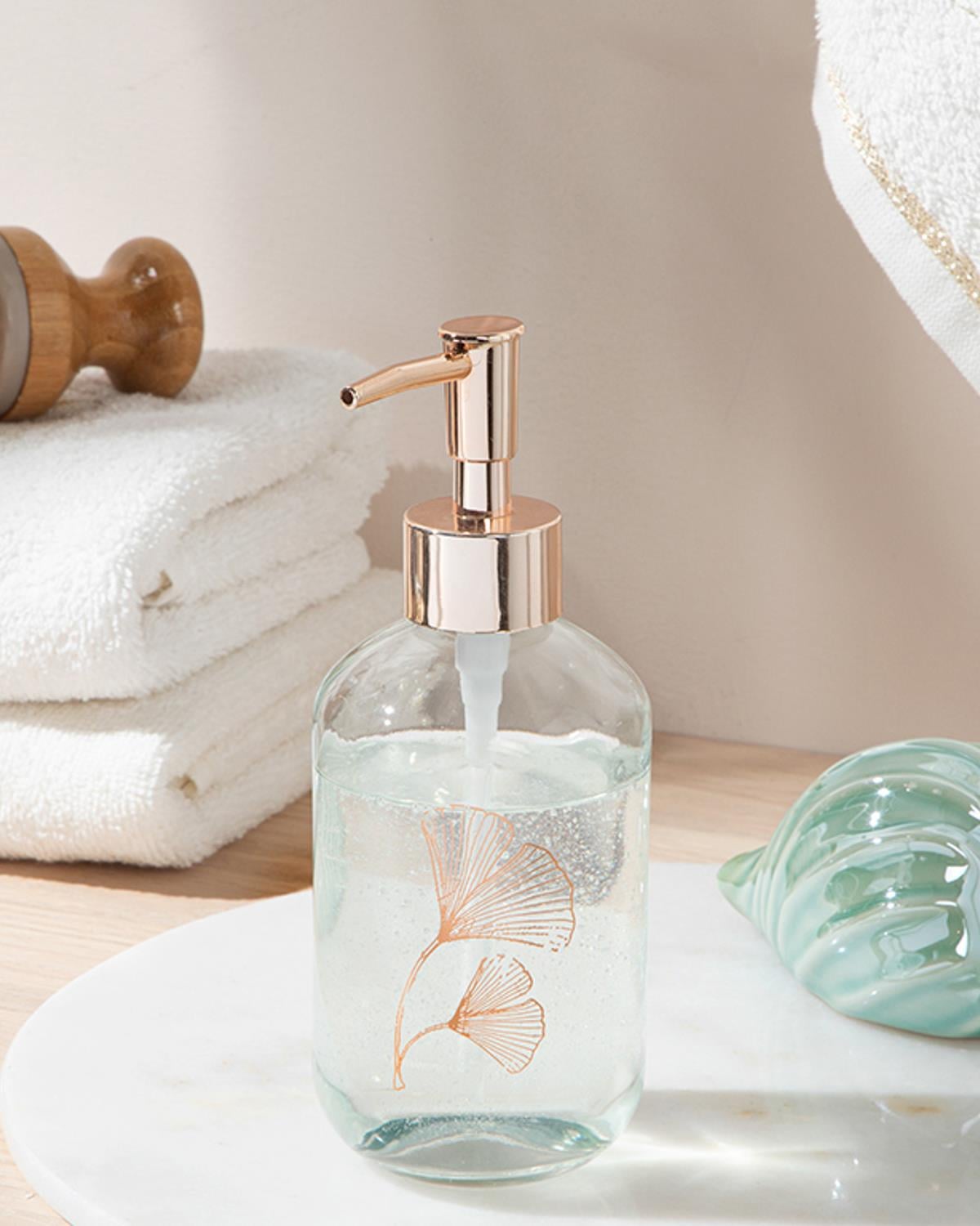 Gingko Leaf Дозатор За Течен Сапун За Баня Стъкло 7x7x18 cm Розово златен..