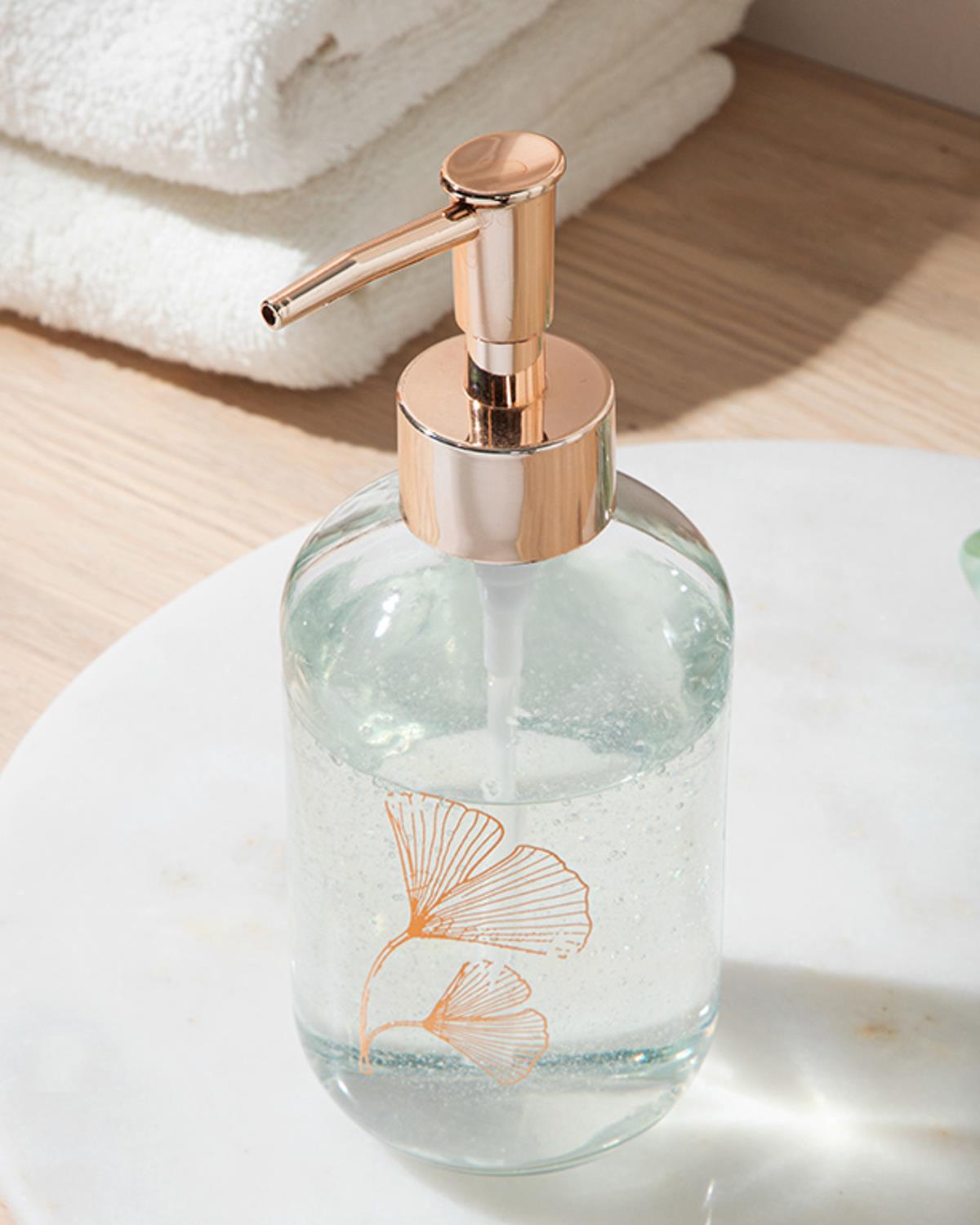 Gingko Leaf Дозатор За Течен Сапун За Баня Стъкло 7x7x18 cm Розово златен..