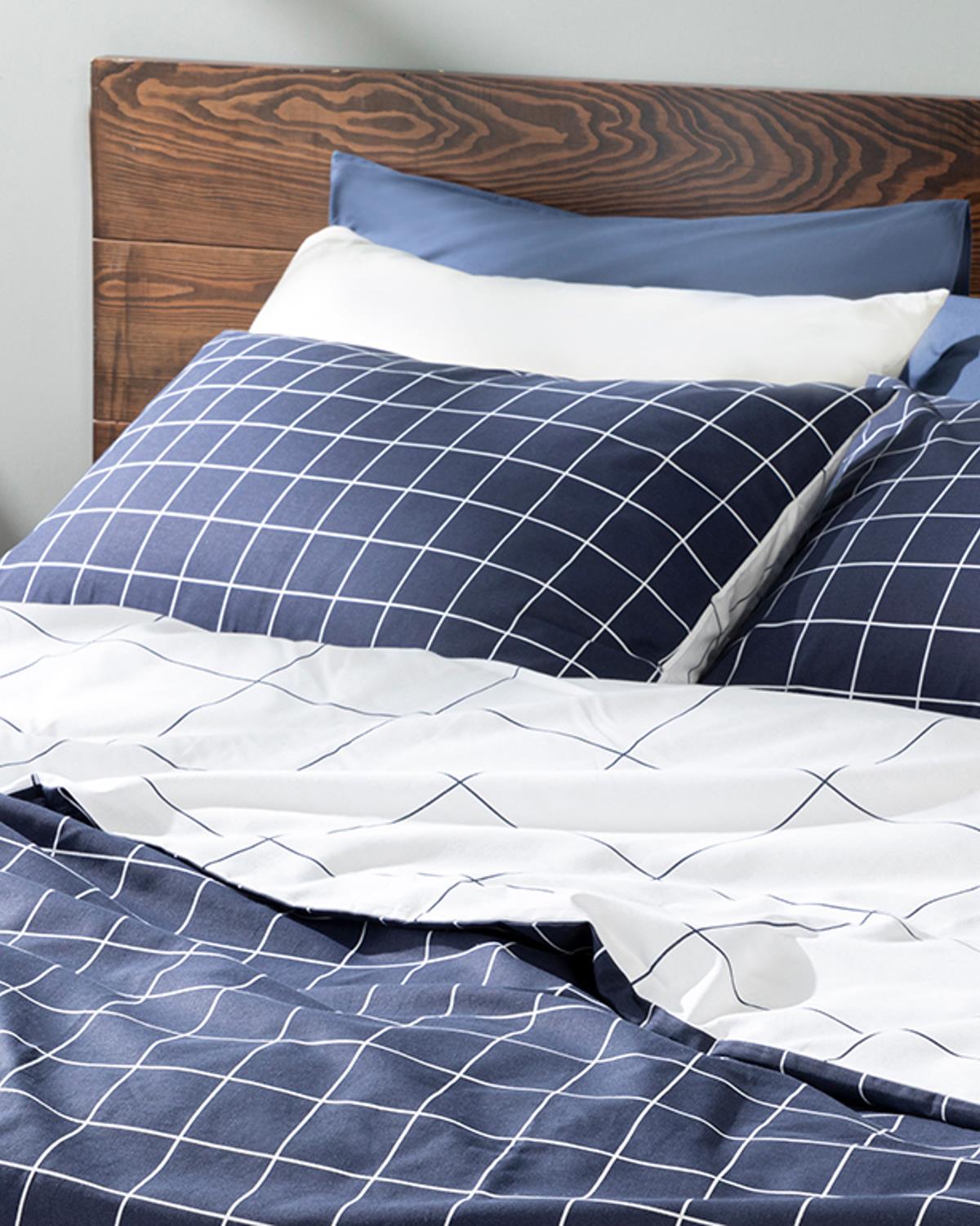 Plain Check Спален Комплект Двоен Памучен 200x220 см Морскосин