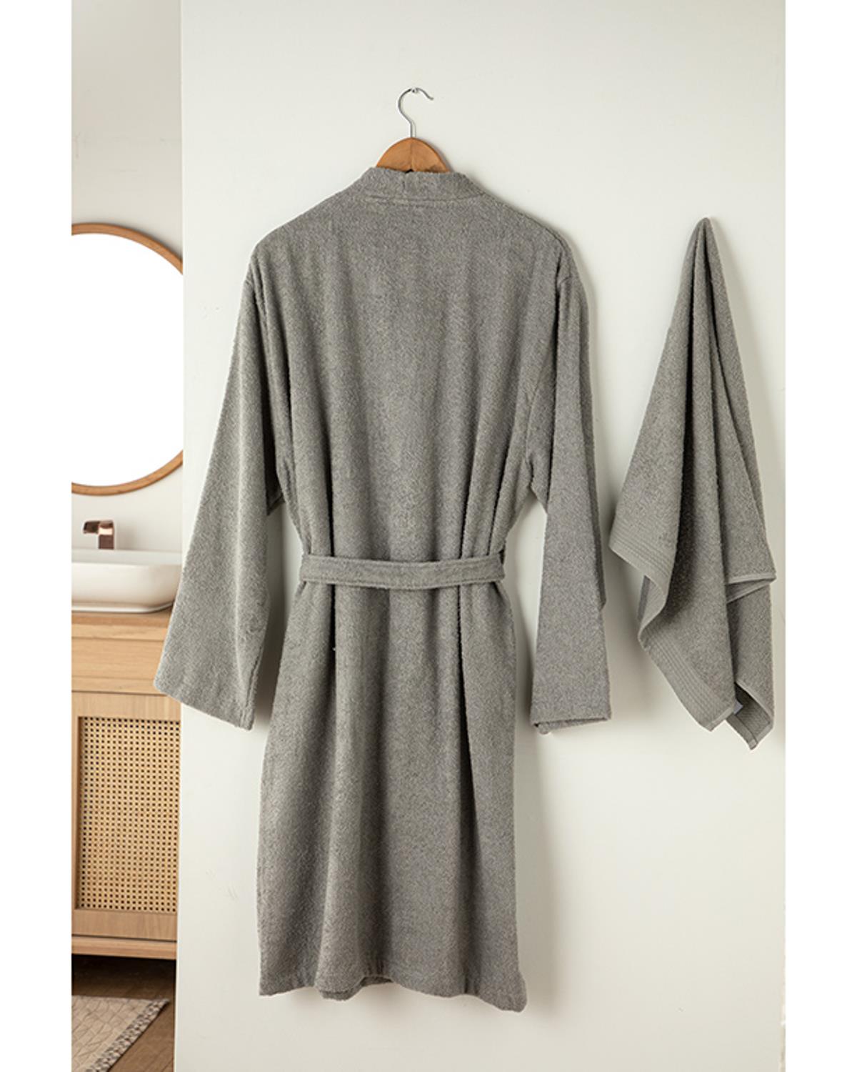 Plain Халат Комплект Сет, Памучен, Тъмно Сиво, S-M