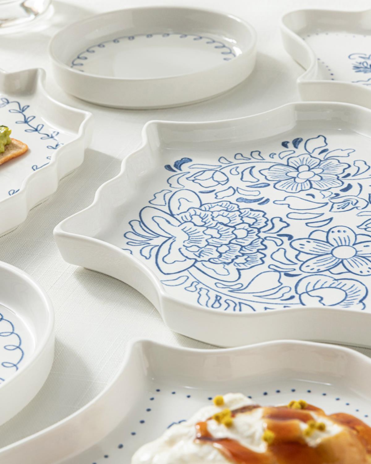 Puzzle Комплект За Маса За 4 Души, New Bone China, Тъмно Синьо, 9 Броя