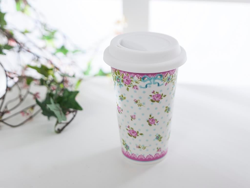 Rose And Lace TRAVEL MUG Bone China 300 ml Pink