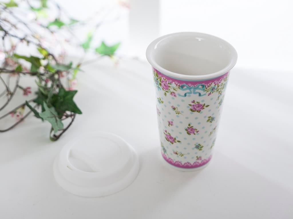 Rose And Lace TRAVEL MUG Bone China 300 ml Pink
