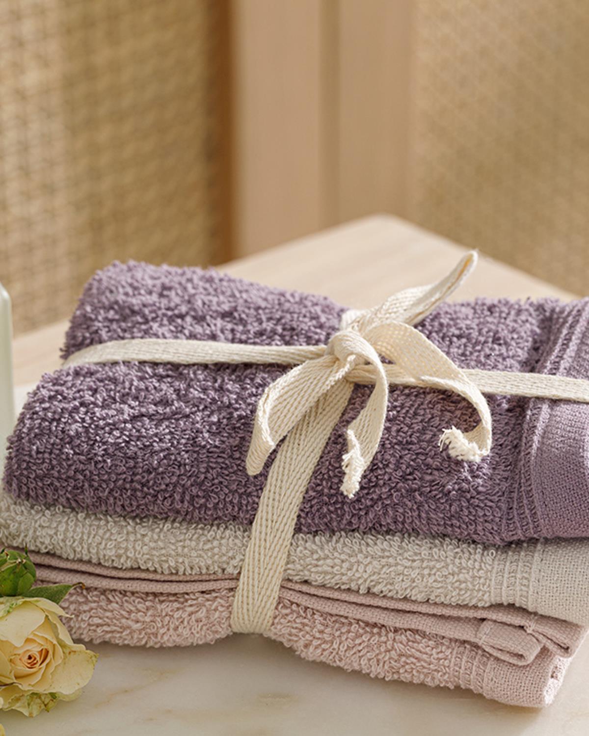 Simple Хавлия Комплект 3 Бр., Рипсено, Светло Бежово-Голо-Лилаво, 30 X 30 Cm