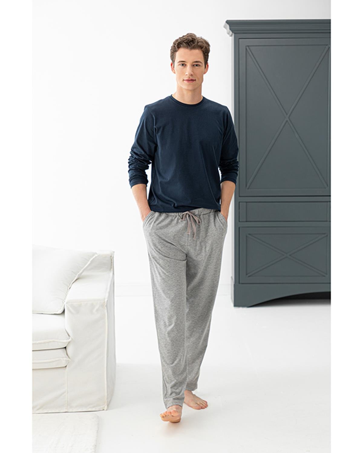 Simple Cotton Комплект Пижама Мъжки Пениран памук S Сив - Морскосин