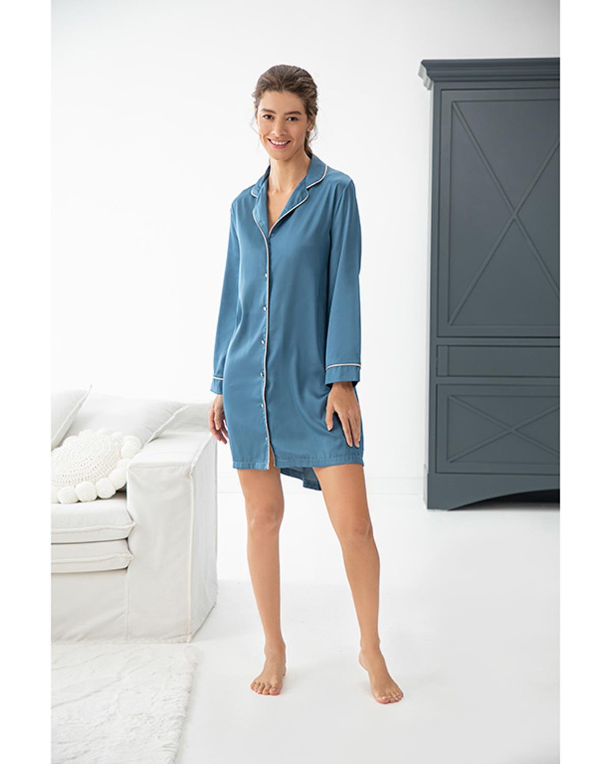 Soft Touch Silk Satin Women Short Nightshirt M Blue