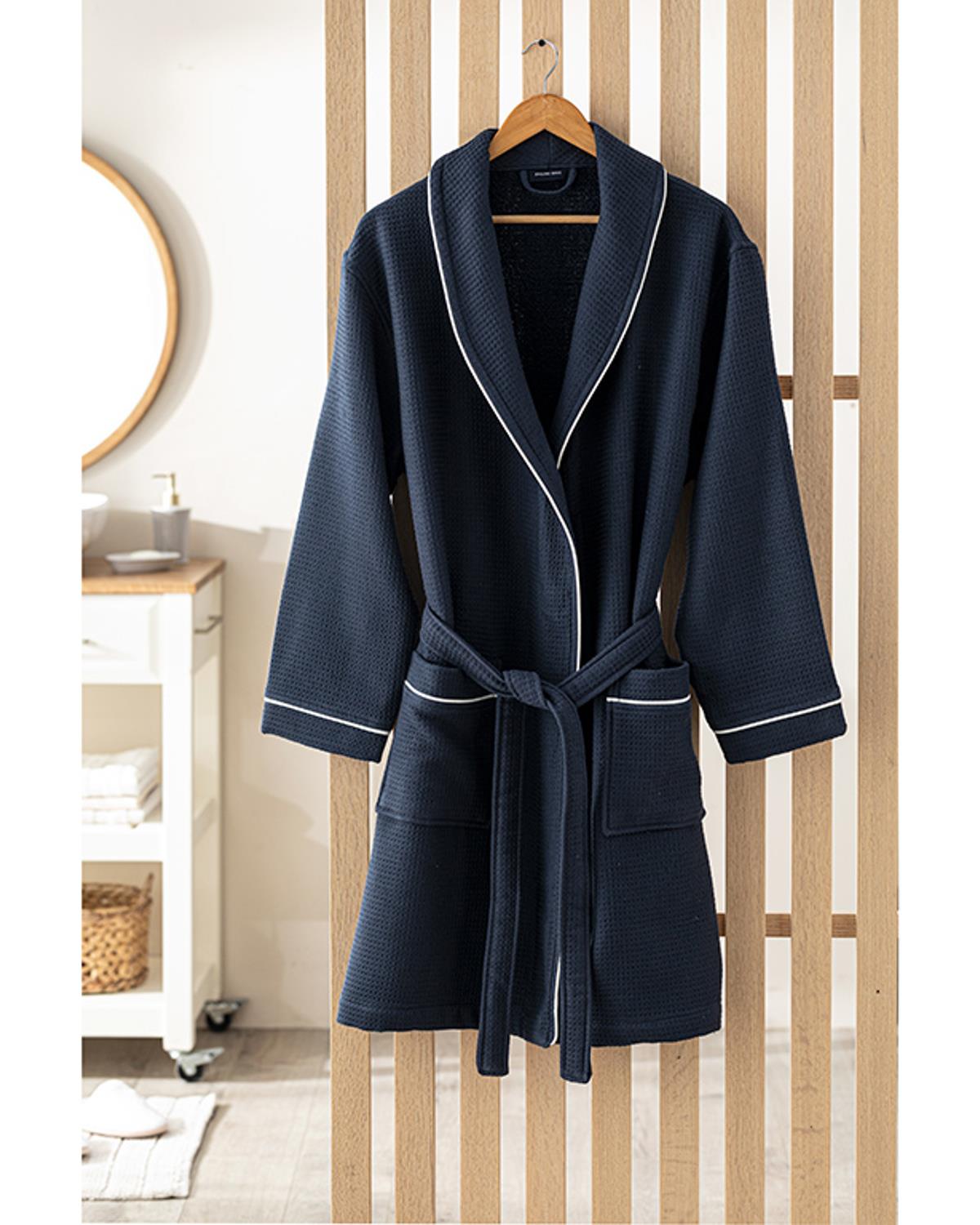 Thin Single-Face Pique Shawl Collar Bathrobe L-XL Dark Blue