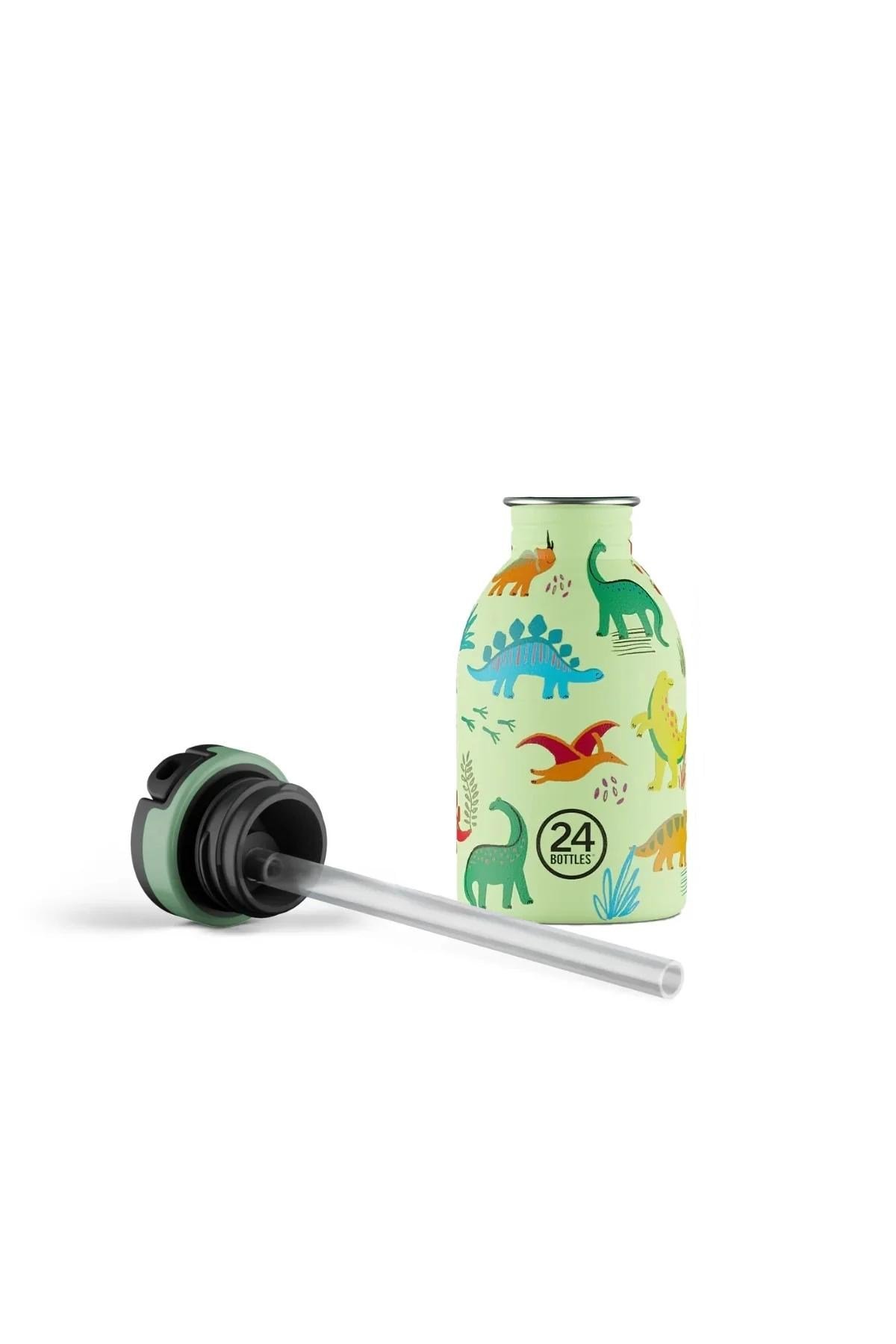 24Bottles Kids Bottle Pipetli Paslanmaz Çelik Çocuk Su Matarası 250 ml, Jurassic Friends Suluklar 24Bottles