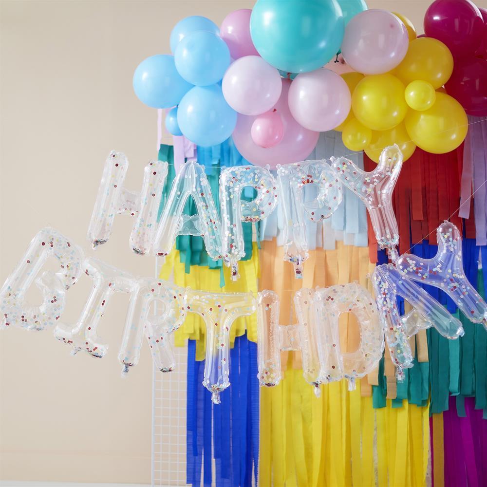 Ginger Ray - Balloon Bunting Brights Confetti Clear Foil - Happy Birthday Balon - Renkli Konfetiler