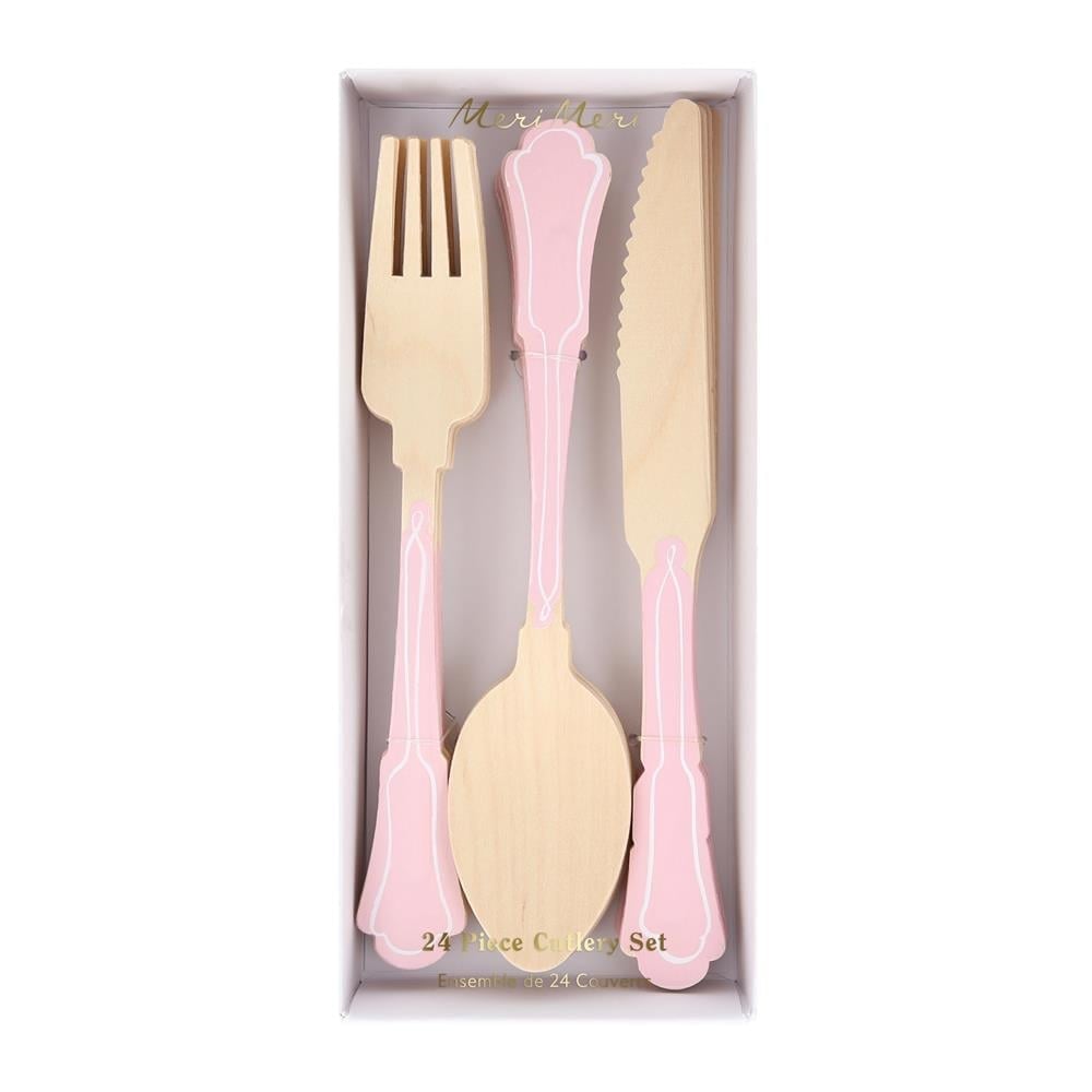 Meri Meri - Ahşap Çatal-Kaşık-Bıçak Set - Pembe Çizgili - 24 Adet